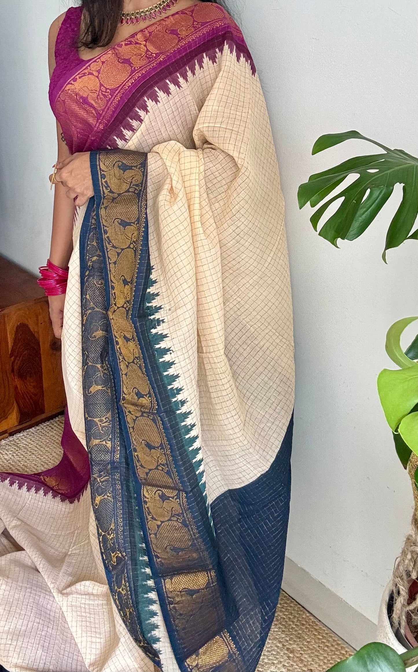 Sungudi cotton checks, ivory gold base, teal and magenta dual tone border, soft cotton - YCIEON100