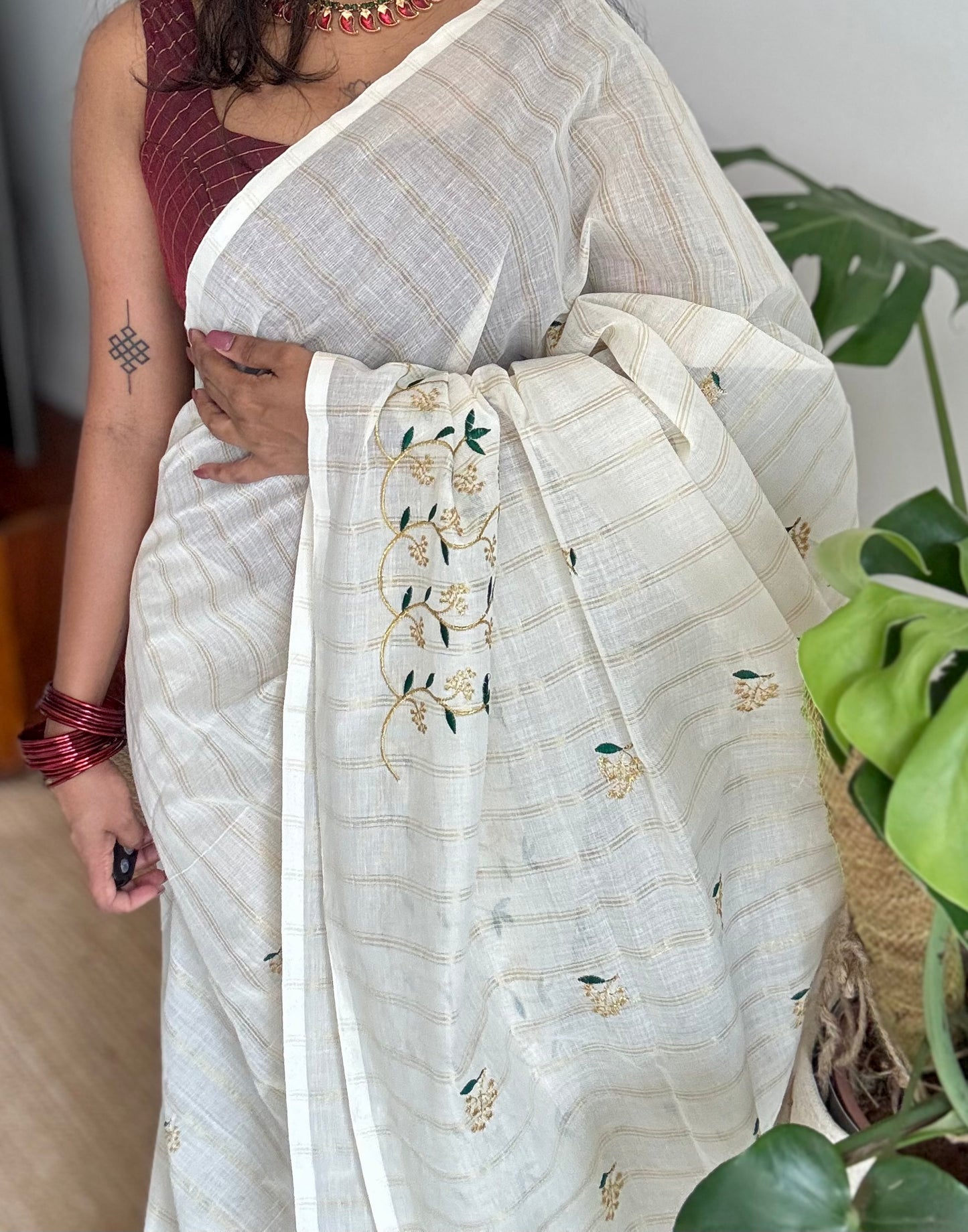 Ivory and gold soft cotton saree, dark green floral vine embroidery  - YCIEON57