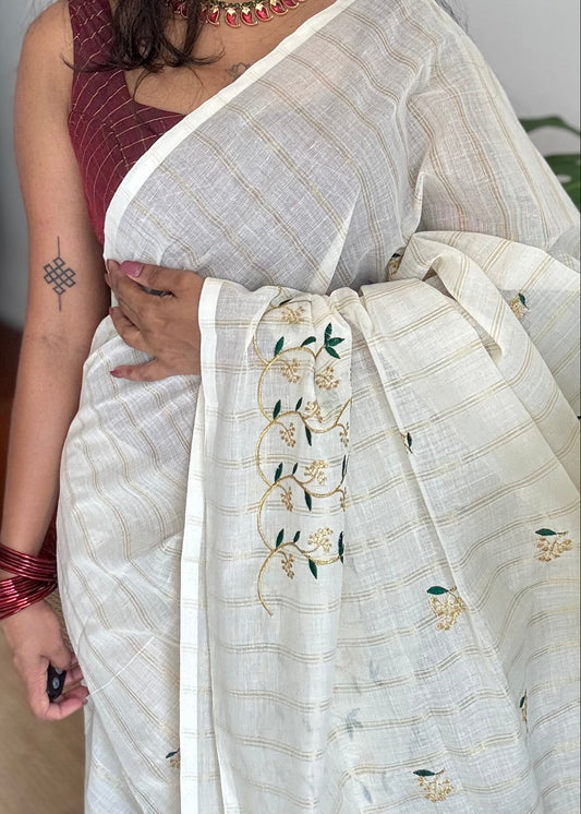 Ivory and gold soft cotton saree, dark green floral vine embroidery  - YCIEON57