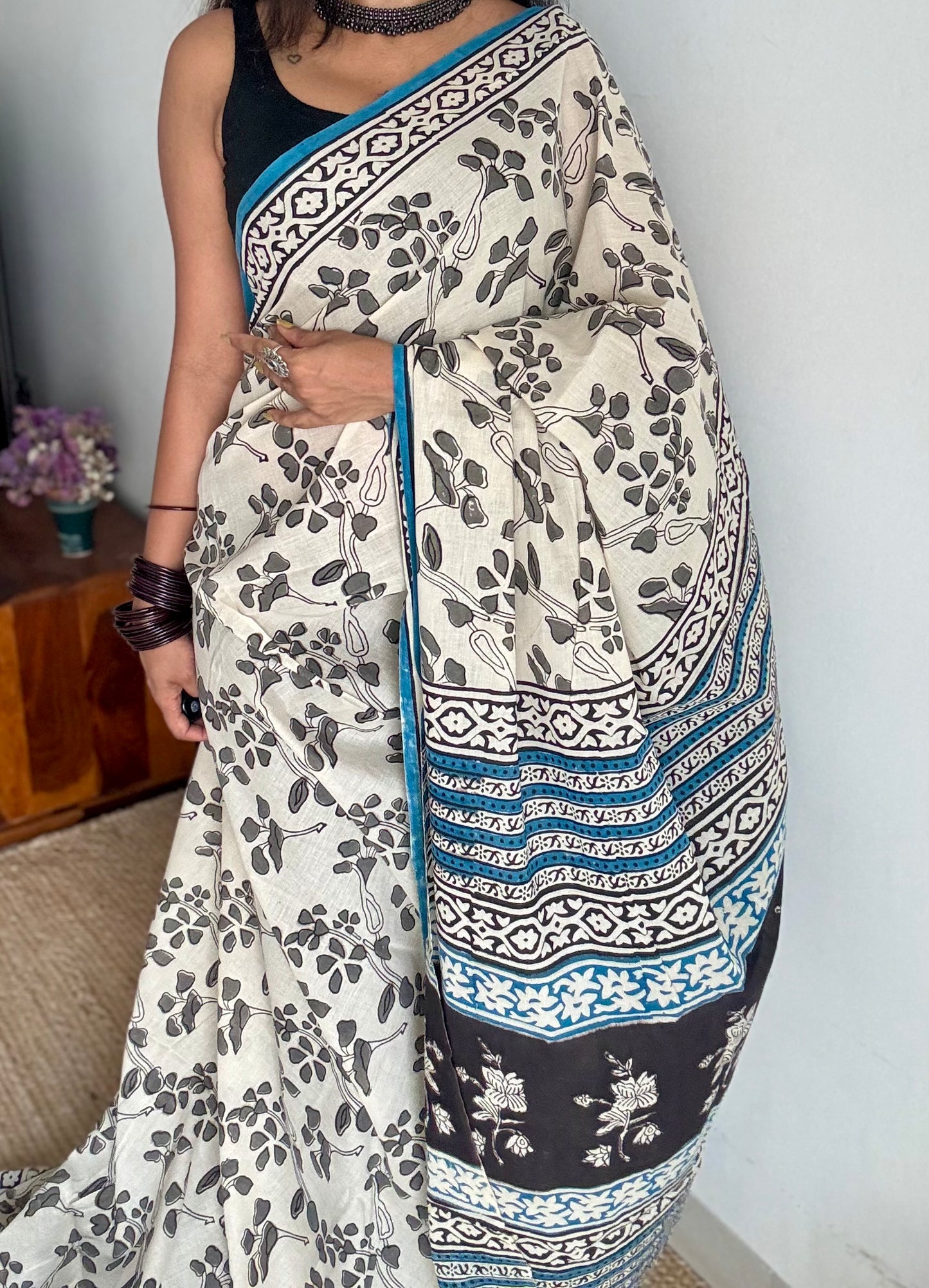 Beige with grey flowers, blue border, block printed soft cotton saree - YCTORCMA14