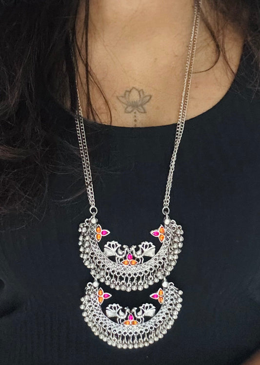 Long neckpiece with peacock pendant, oxidised silver - YCOSNP441