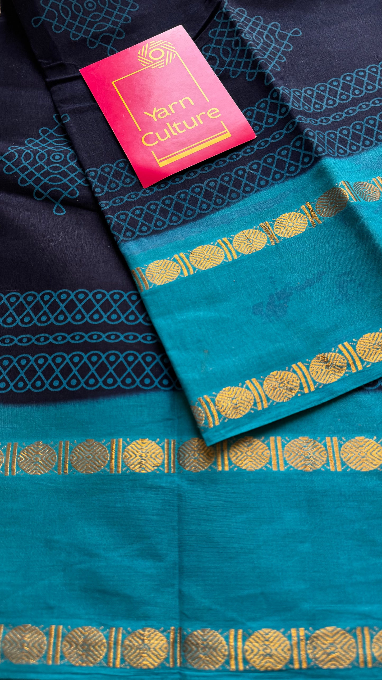 Dark blue with aqua blue, kolam print, rettaipettu gap border, madurai soft cotton - YCCOTNMSAP201