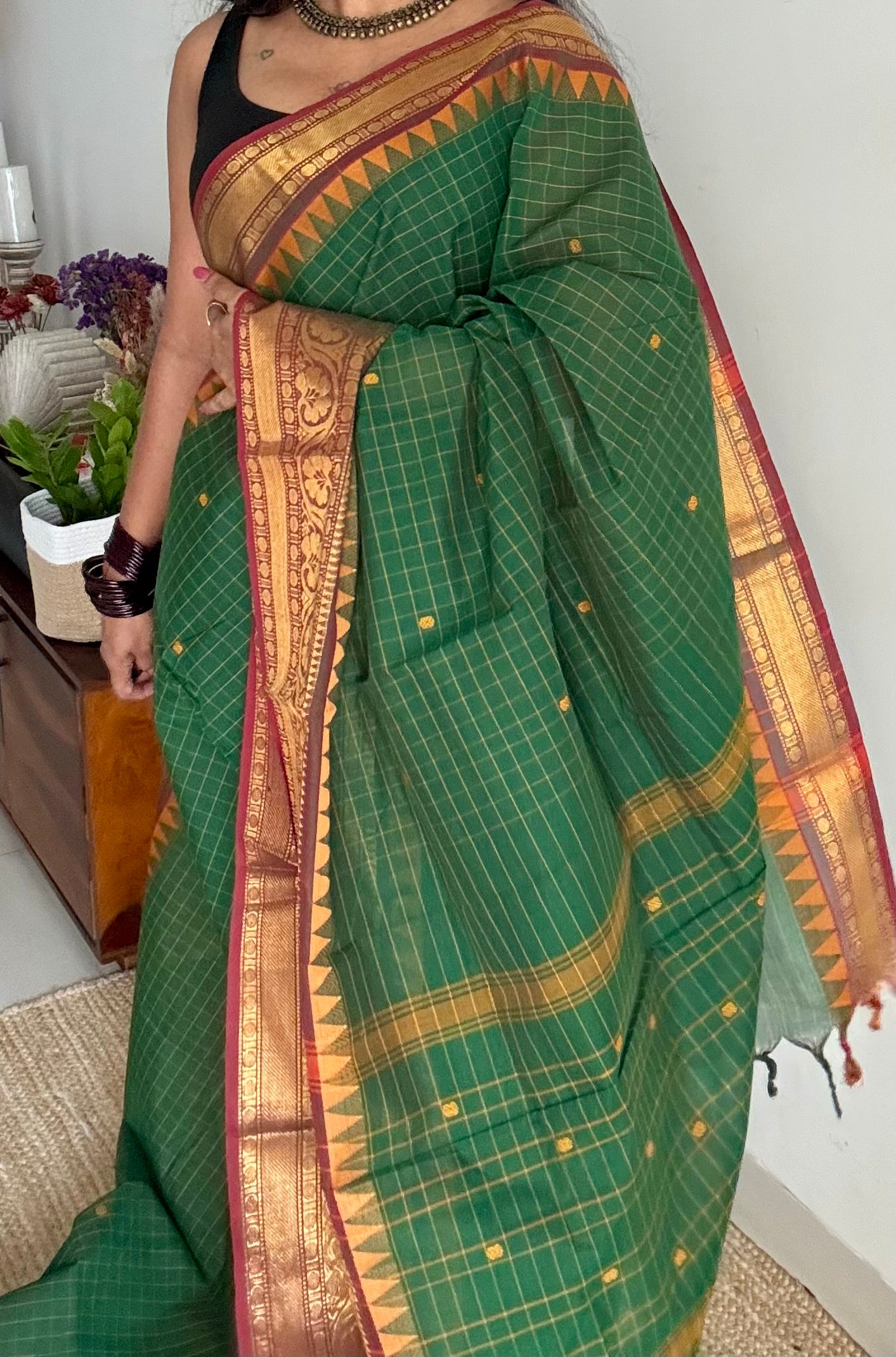 Kanchi cotton saree, green checks with maroon temple motif border - YCCOTNAP78