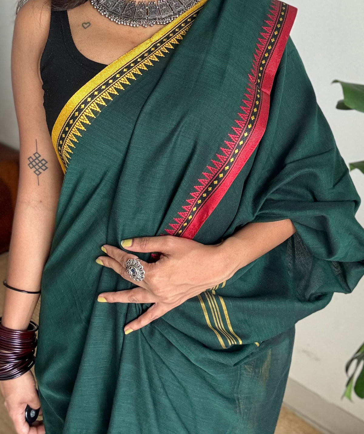 Handloom Bengal soft cotton saree, dark green with yellow and red woven dual tone borders - YCBCMCSE41