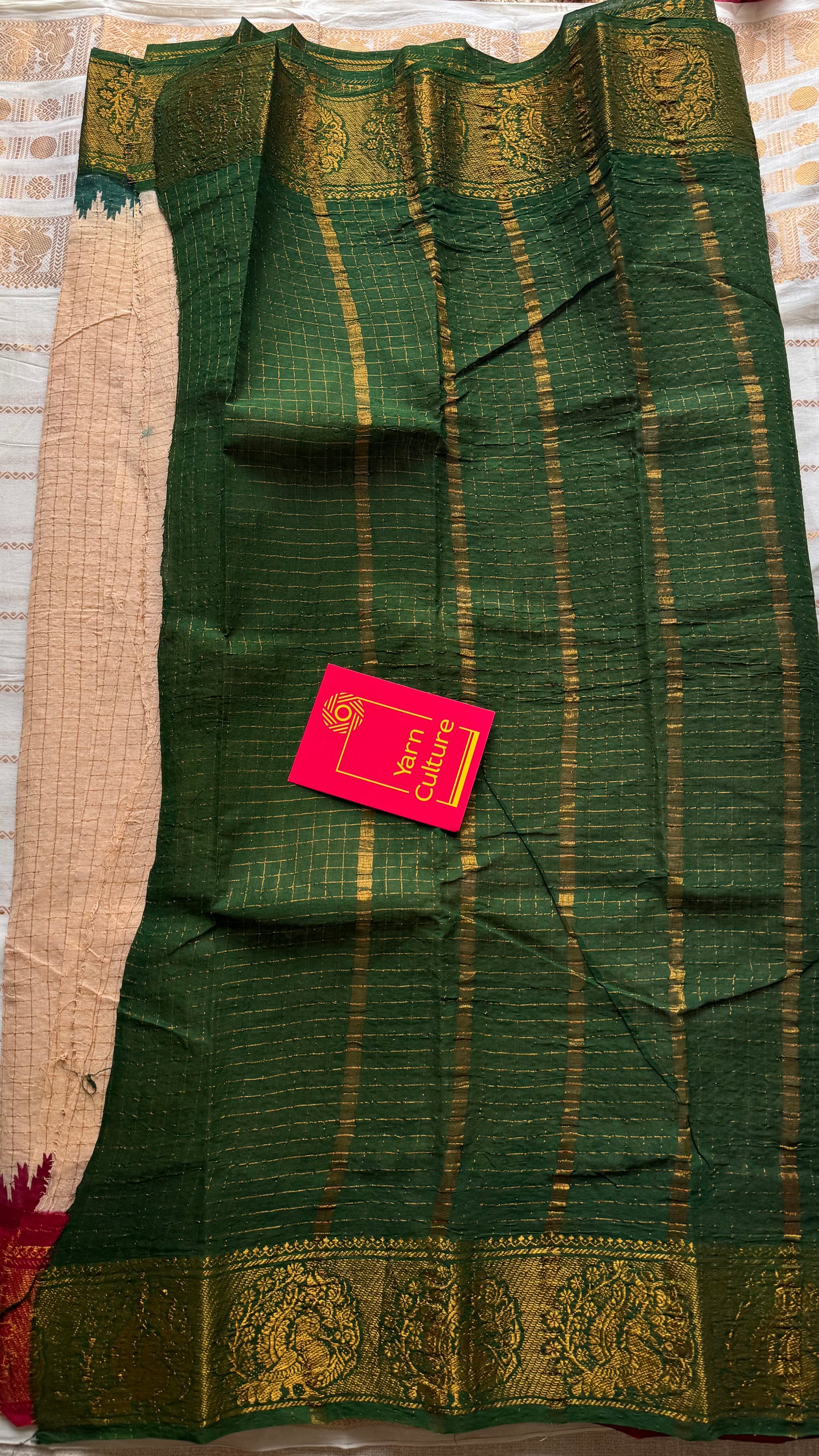 Sungudi checks, sandal base, green and deep red border, soft cotton - YCIEON93