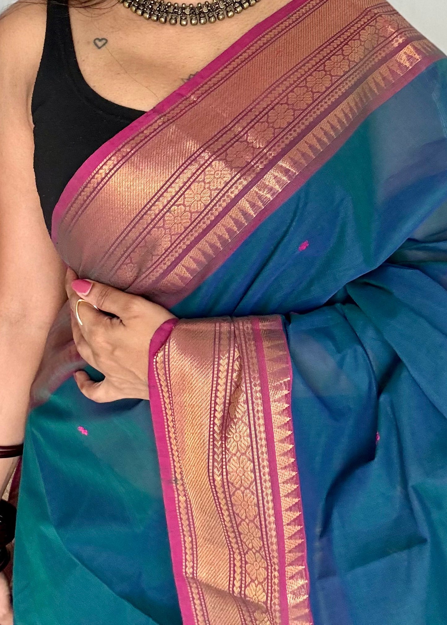 Kanchi cotton saree, peacock blue with dark pink border - YCCOTNAP86