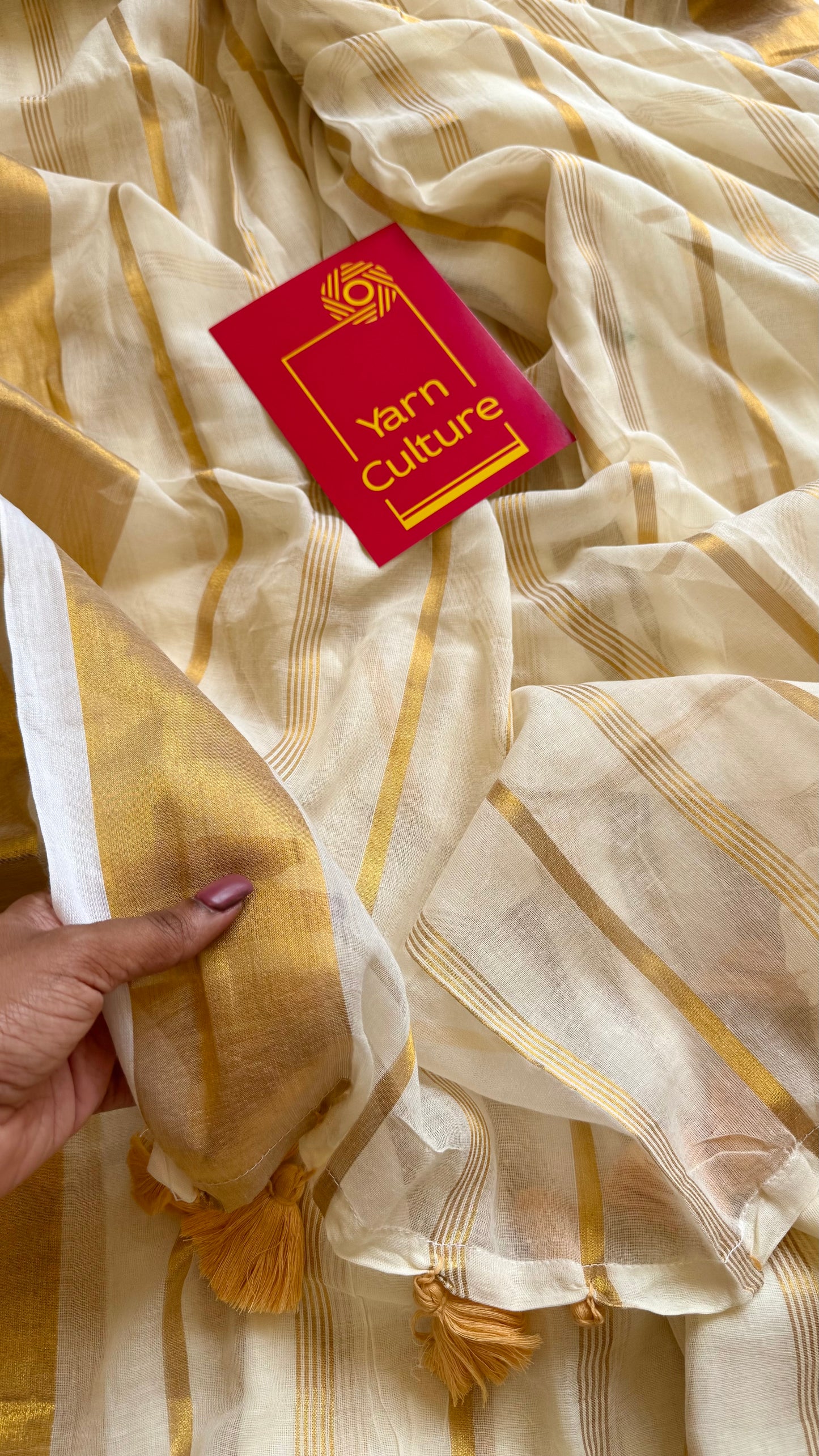 Ivory mul saree, gold stripes - YCIEON01