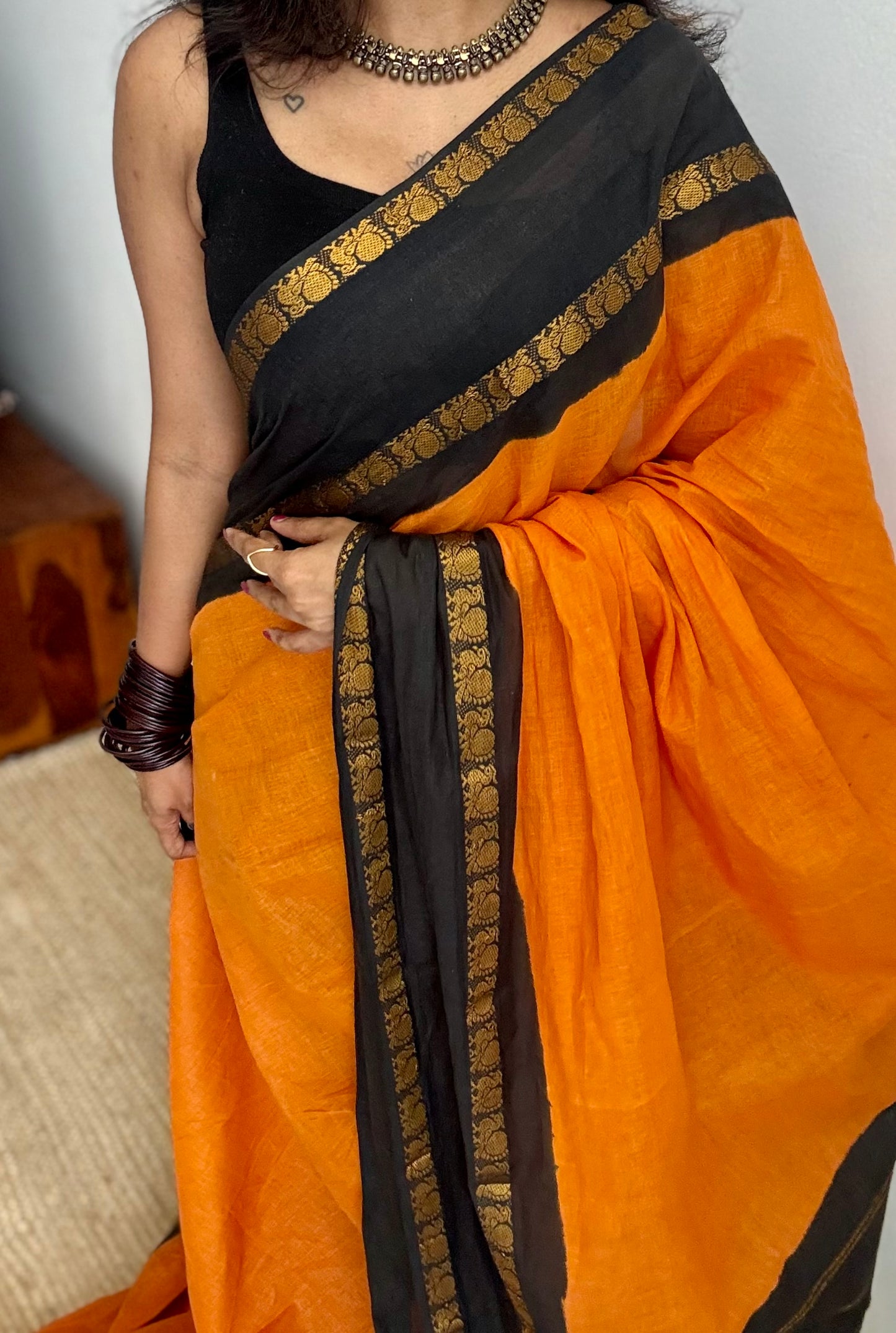 Fanta orange and black, rettaipettu peacock double border, madurai soft cotton - YCCOTNJULRS01