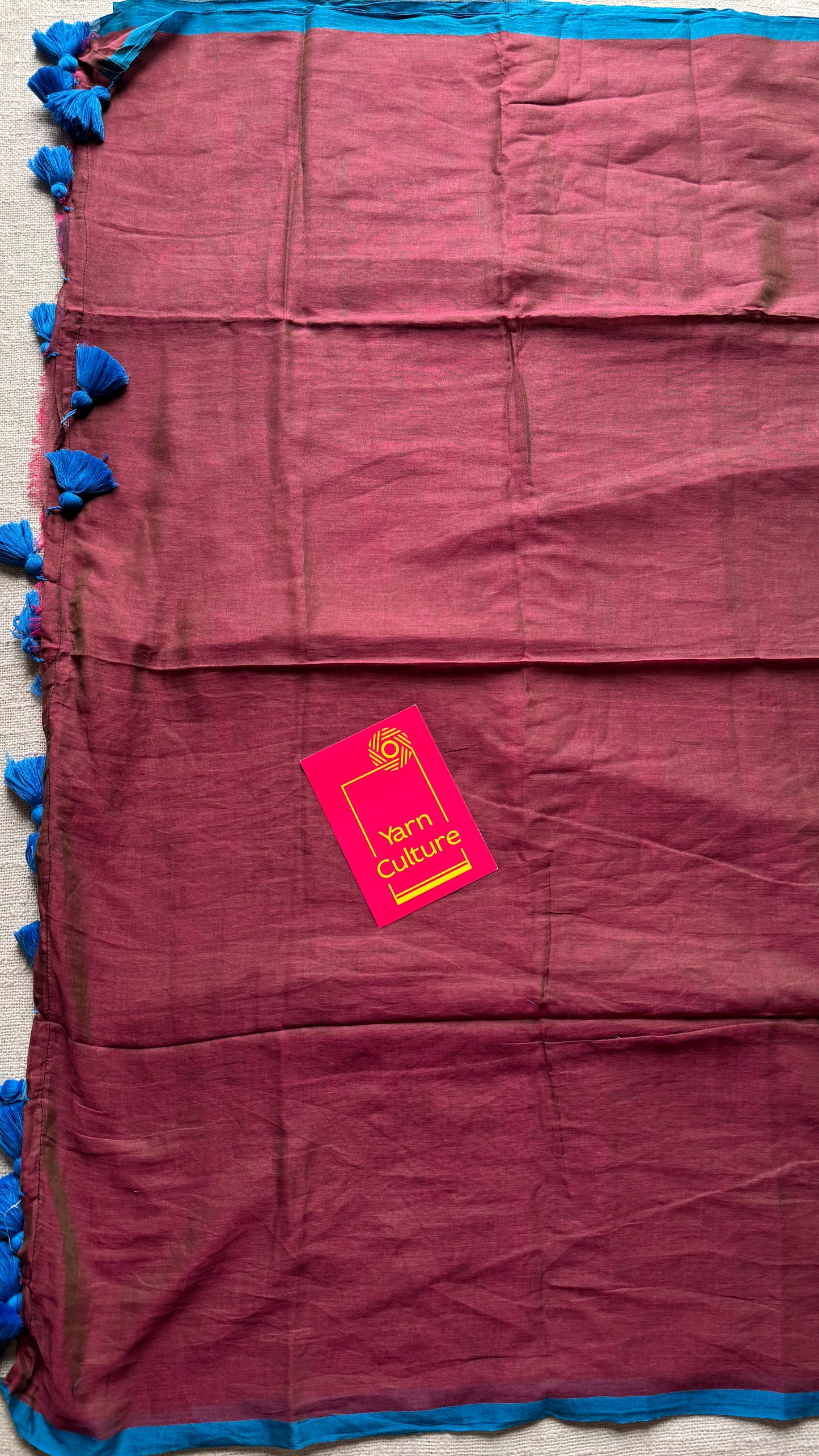 Terracotta brown with pink double shade and a persian blue border mul cotton saree - YCBCMCFE230
