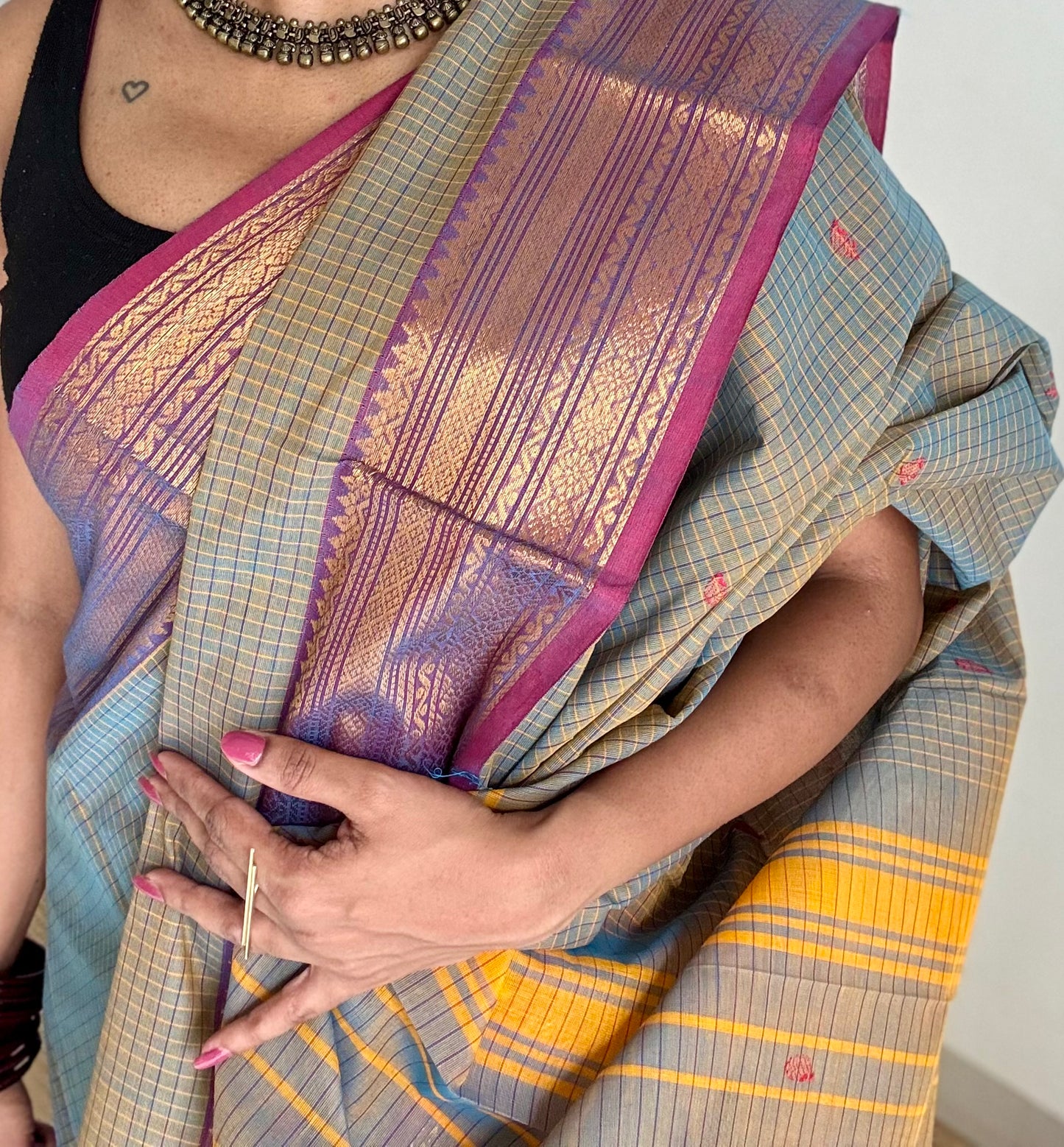 Grey and magenta purple contrast, checkered Chettinad cotton saree - YCCOTNMA263