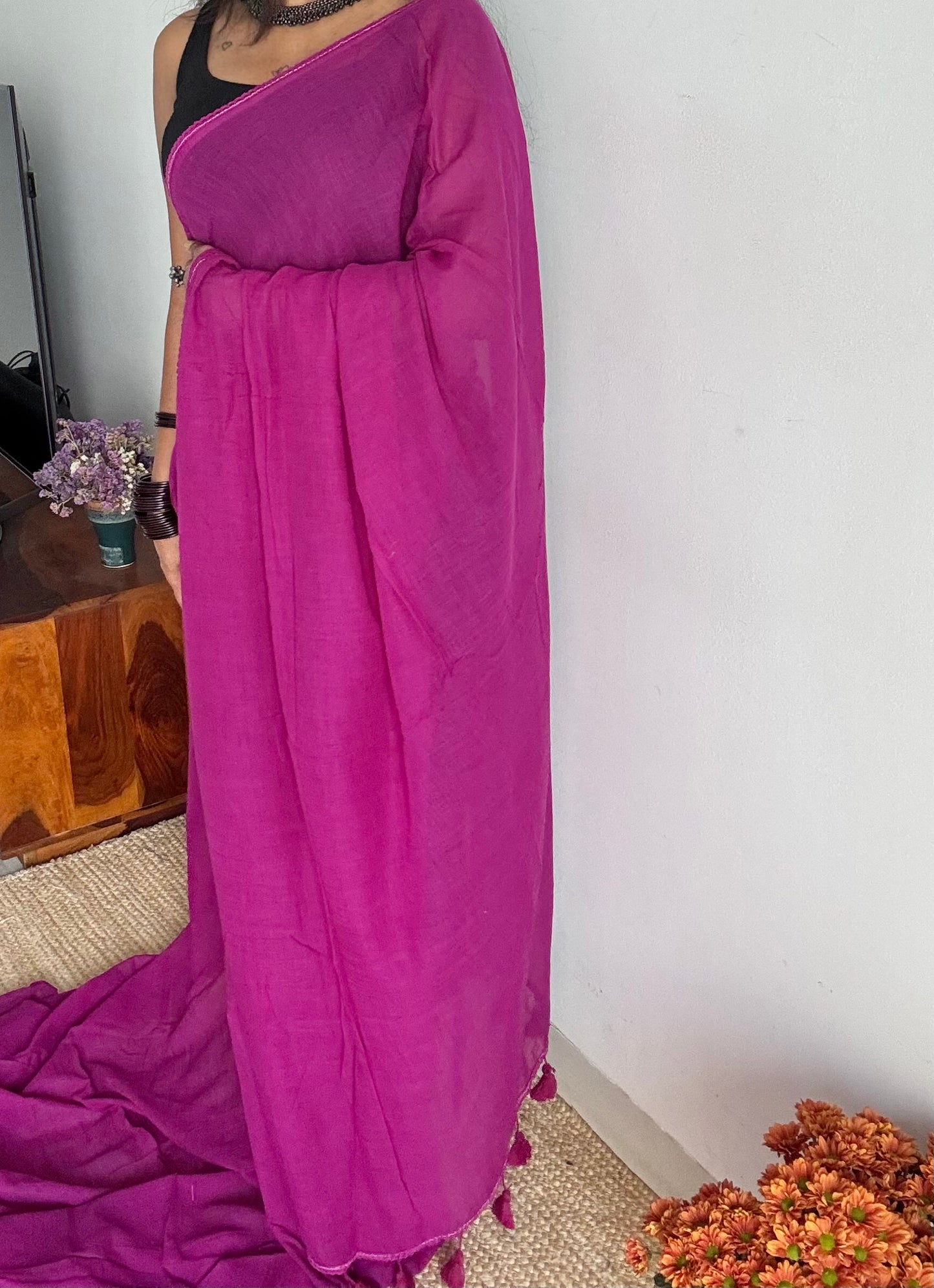 Purple pink plain mul saree with lace border - YCBCMCFE404