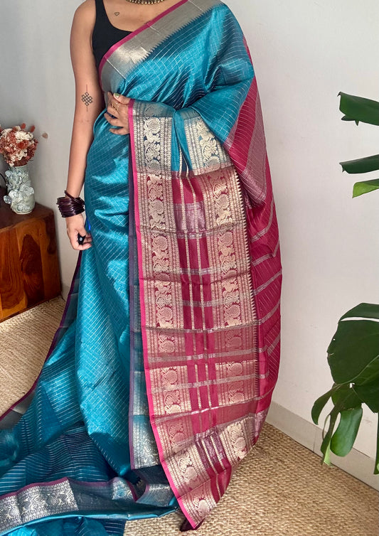 Peacock blue with dark pink silver zari checks, silver and gold peacock woven zari border, mangalgiri silk cotton, handwoven, soft, light weight - YCWOTDMSCOC125
