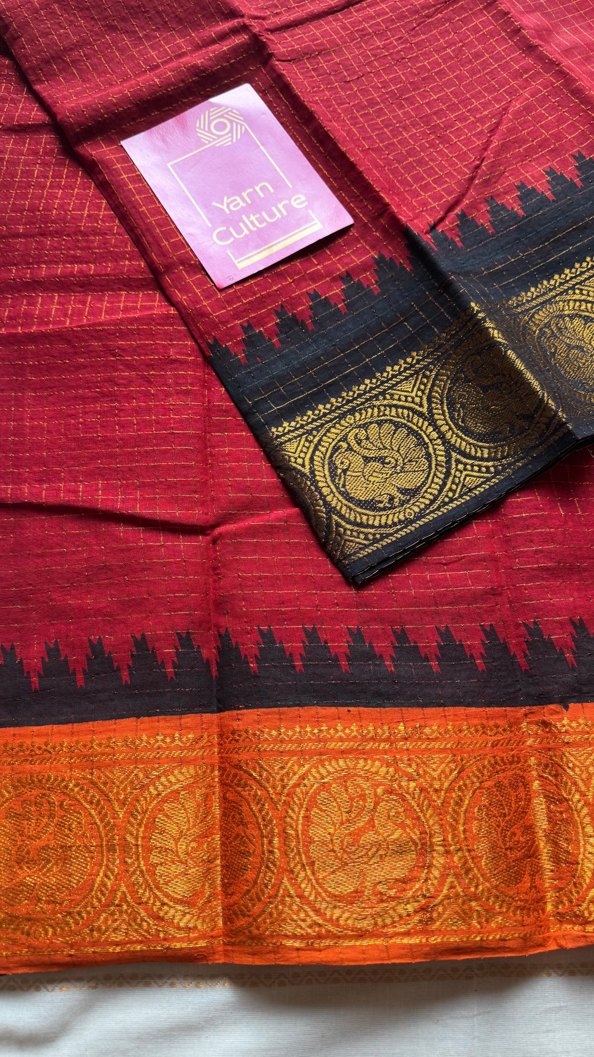 Sungudi cotton checks, red base, orange and black dual tone border, soft cotton - YCCOTNMSSE12