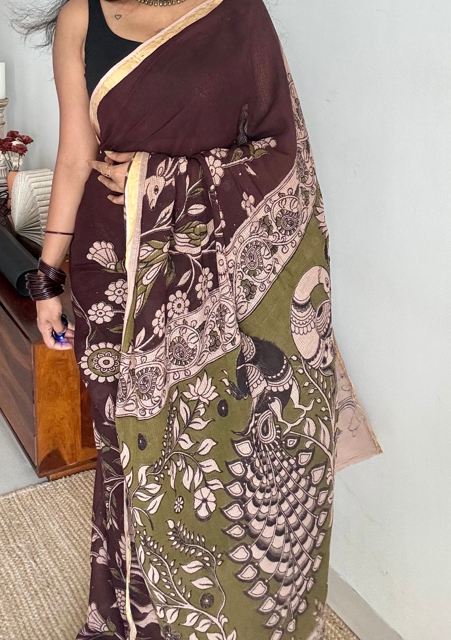 Purple brown floral kalamkari saree in kota - YCWOTDMA355