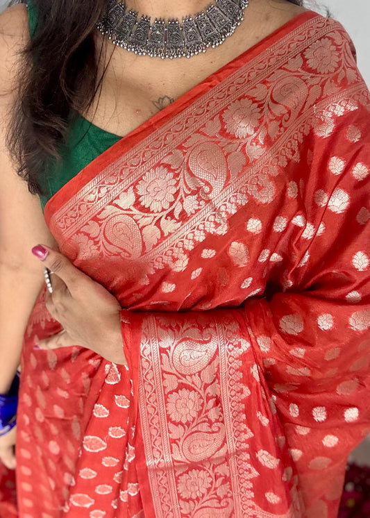 Burnt red, silver buttas and zari, Banarasi semi-silk - YCDESE36