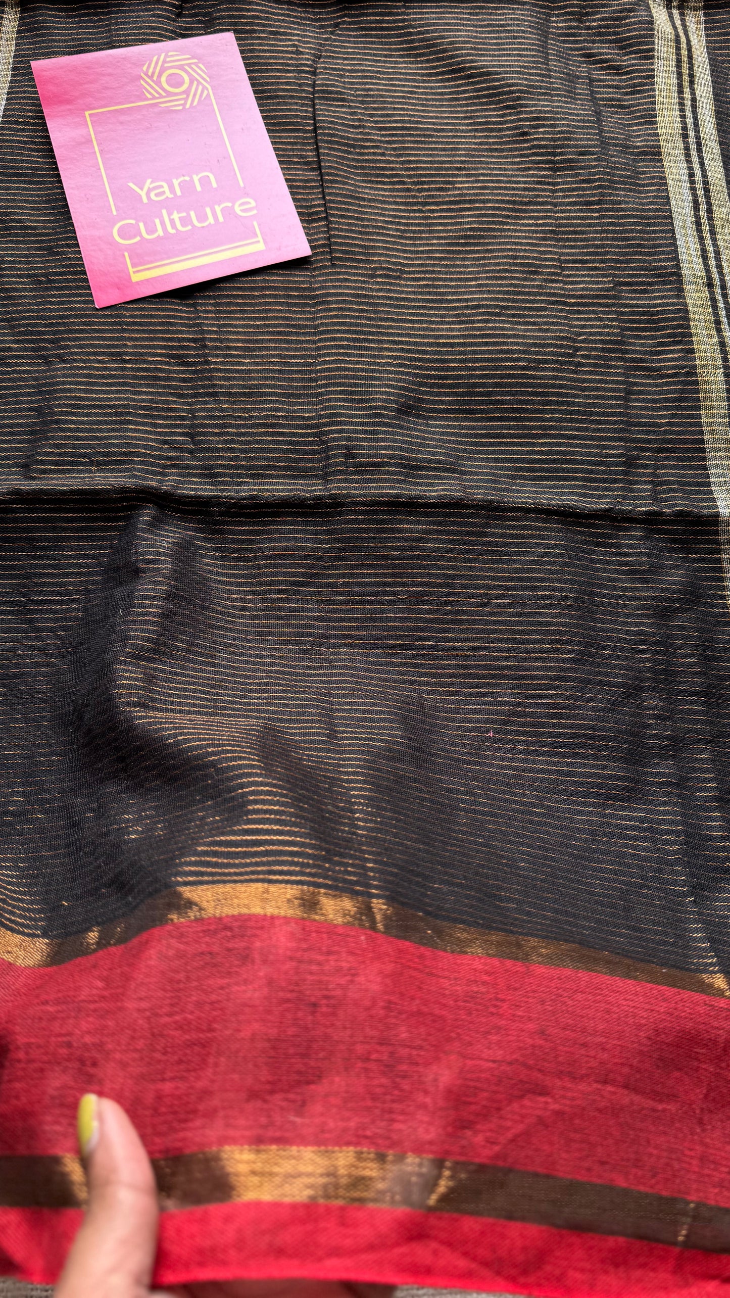 Black with red gap border, gold zari stripes, soft cotton - YCBCKCZDE133