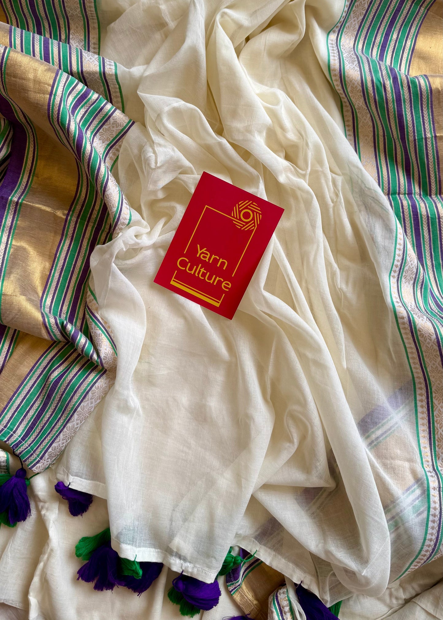 Ivory mul saree, purple, green and gold kanchi border - YCIEON29