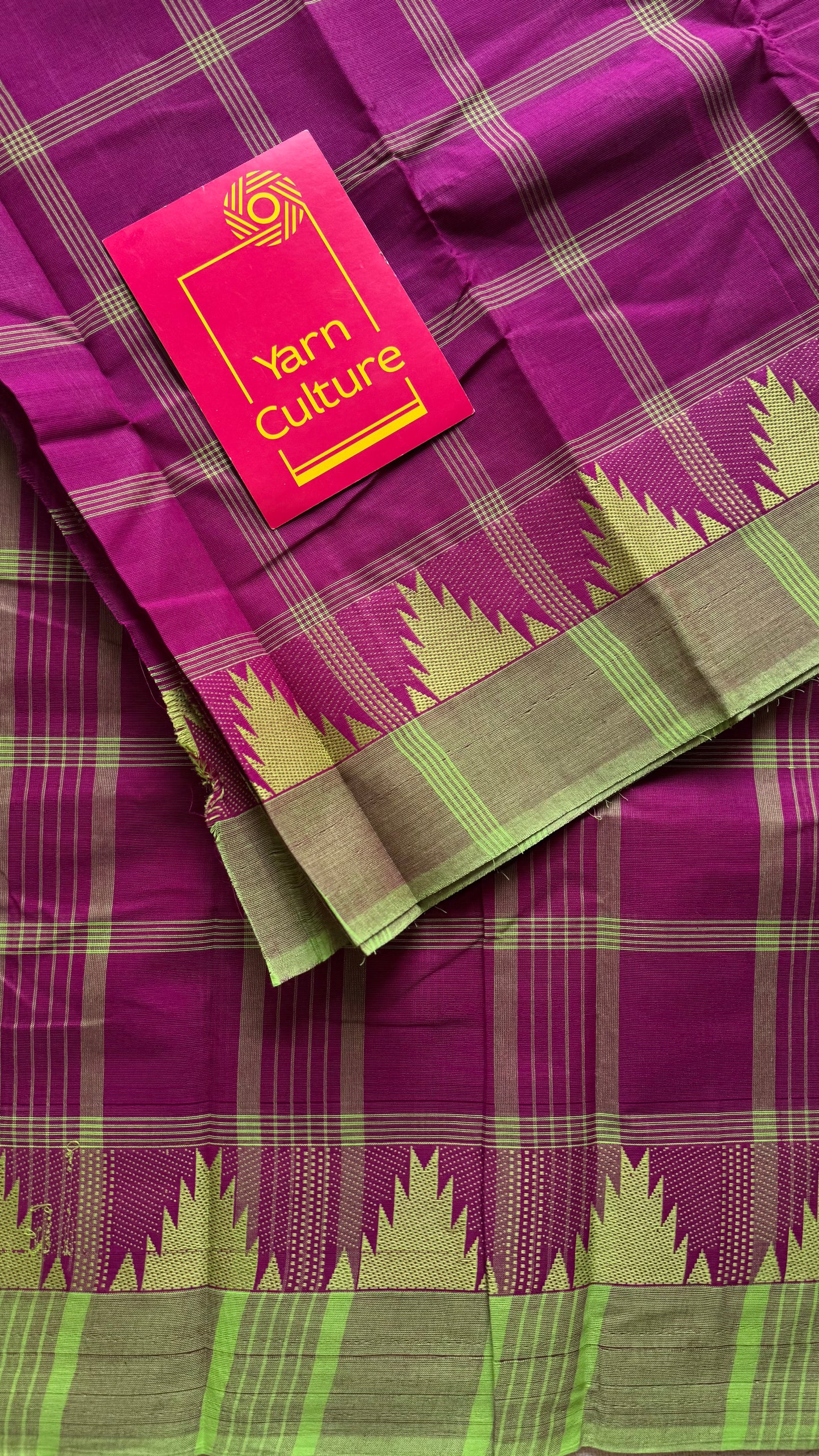 Chettinad cotton saree with magenta and lime green checks, temple motif border - YCCOTNAP69