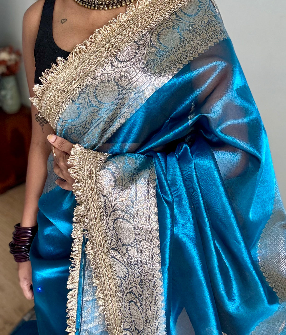 Peacock blue tissue Banarasi saree with embellished gold lace border - YCBLTOC77