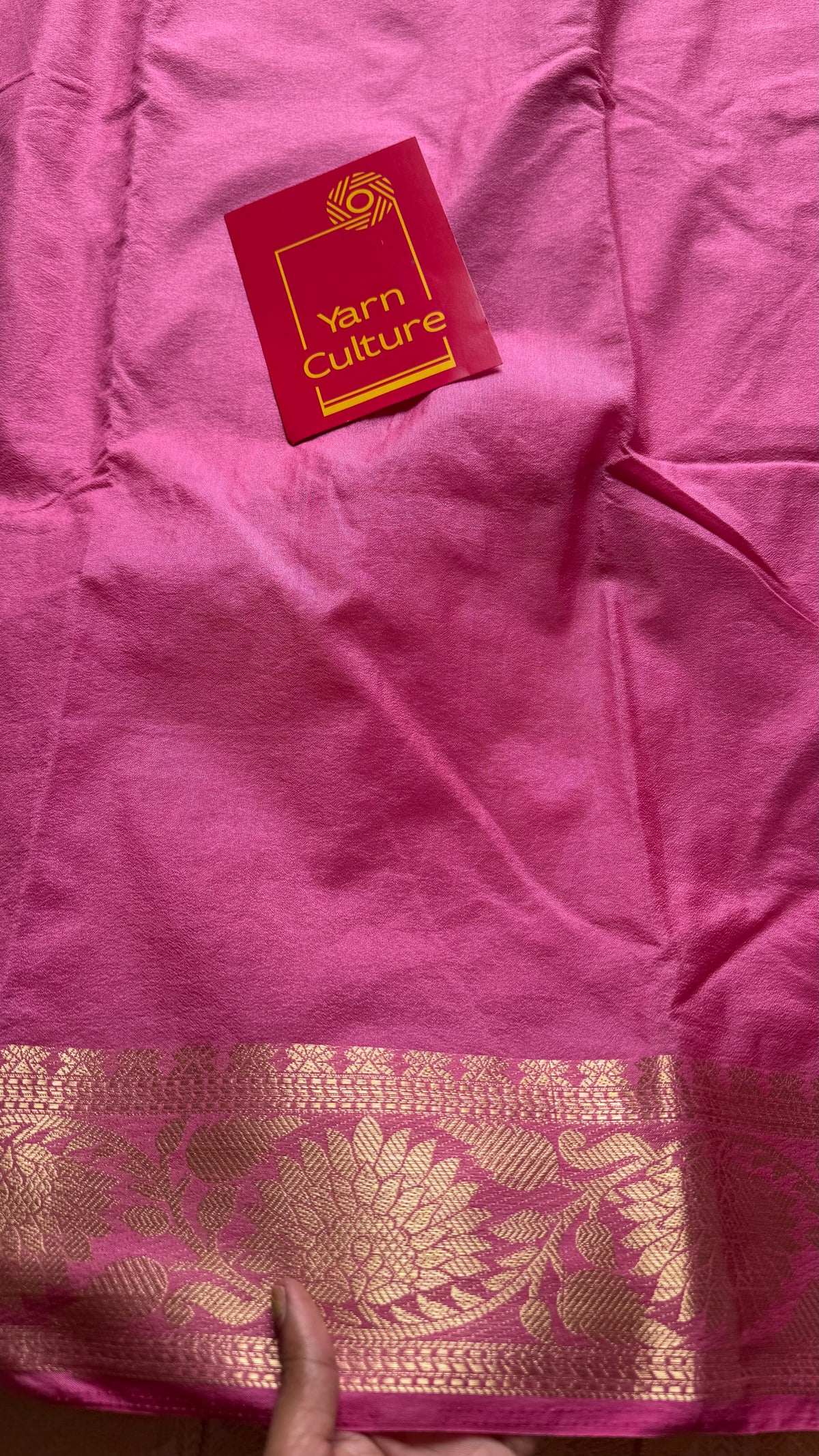 Pink, semi crepe silk saree with antique gold floral border - YCLOKOC55