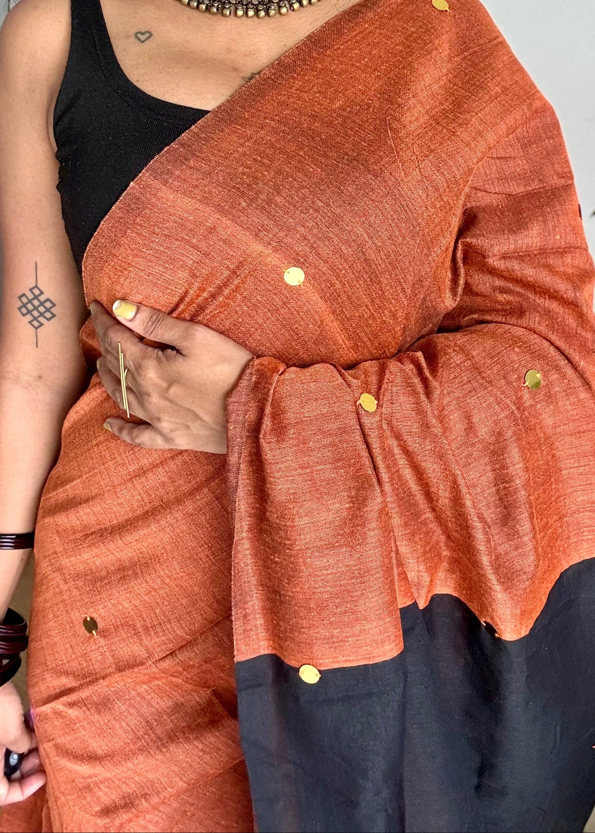 Orange with black contrast pallu, gini sequins, soft cotton saree - YCBCSCOC04