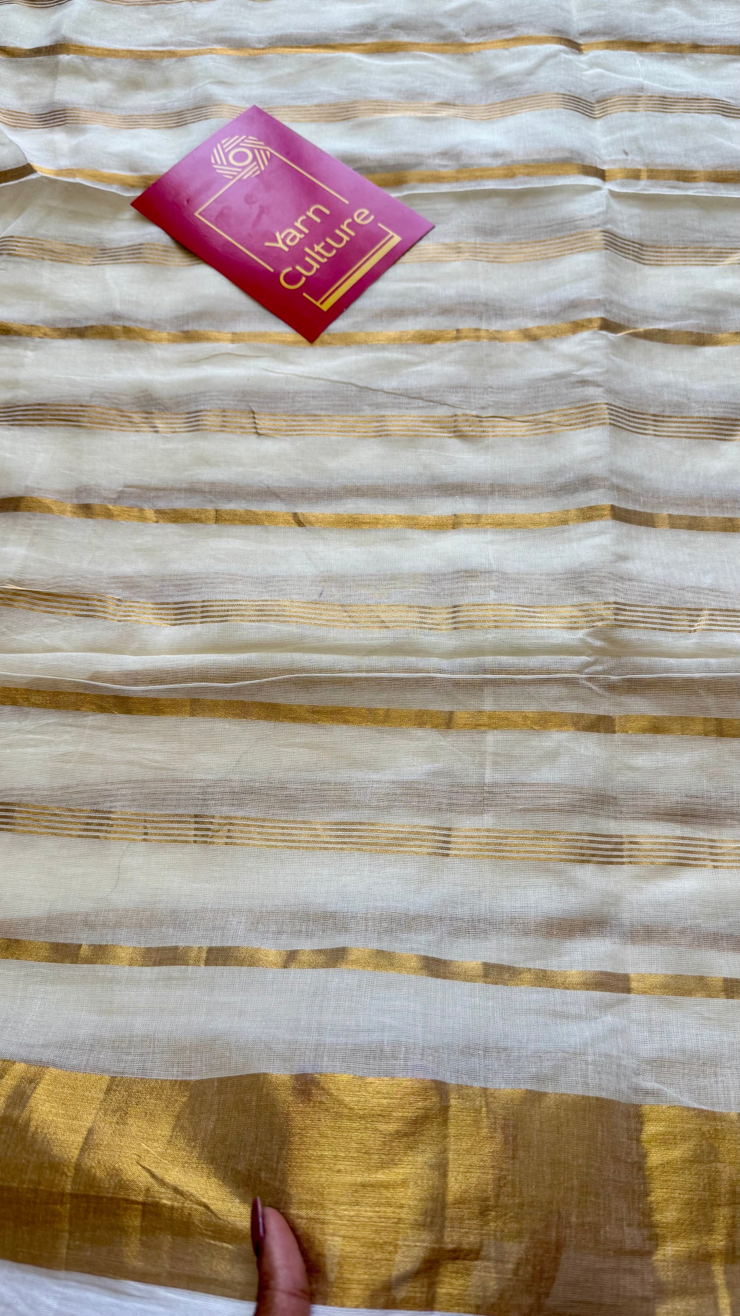 Ivory mul saree, gold stripes - YCIEON01
