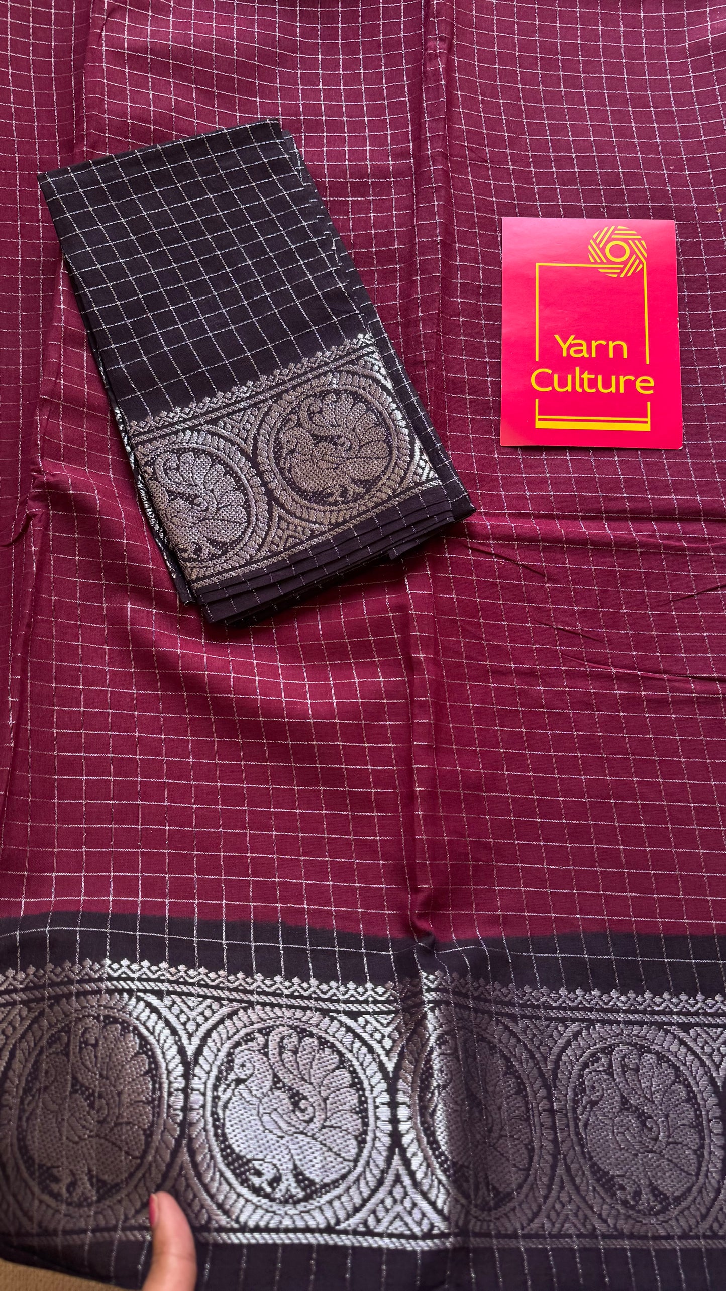 Dark wine with black, silver zari checkered sungudi, kattuchayam dyed madurai cotton - YCCOTNMSAP103