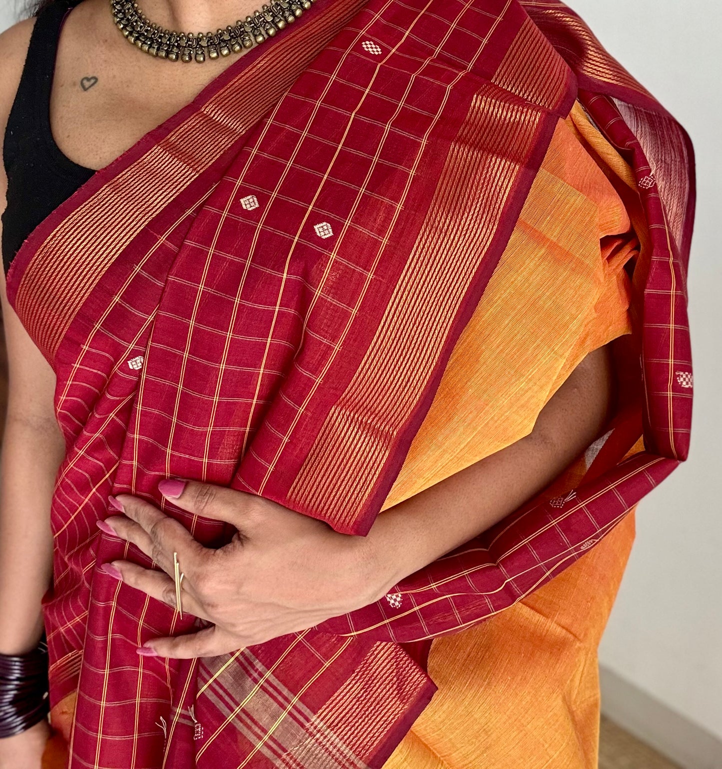 Orange and dark red contrast, Chettinad cotton saree with checkered border - YCCOTNMA268