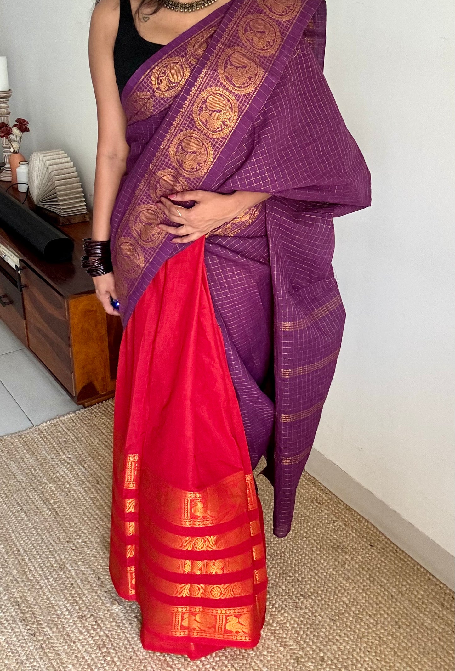 Purple and chilli red, sungudi cotton half-half saree - YCCOTNIDMA308