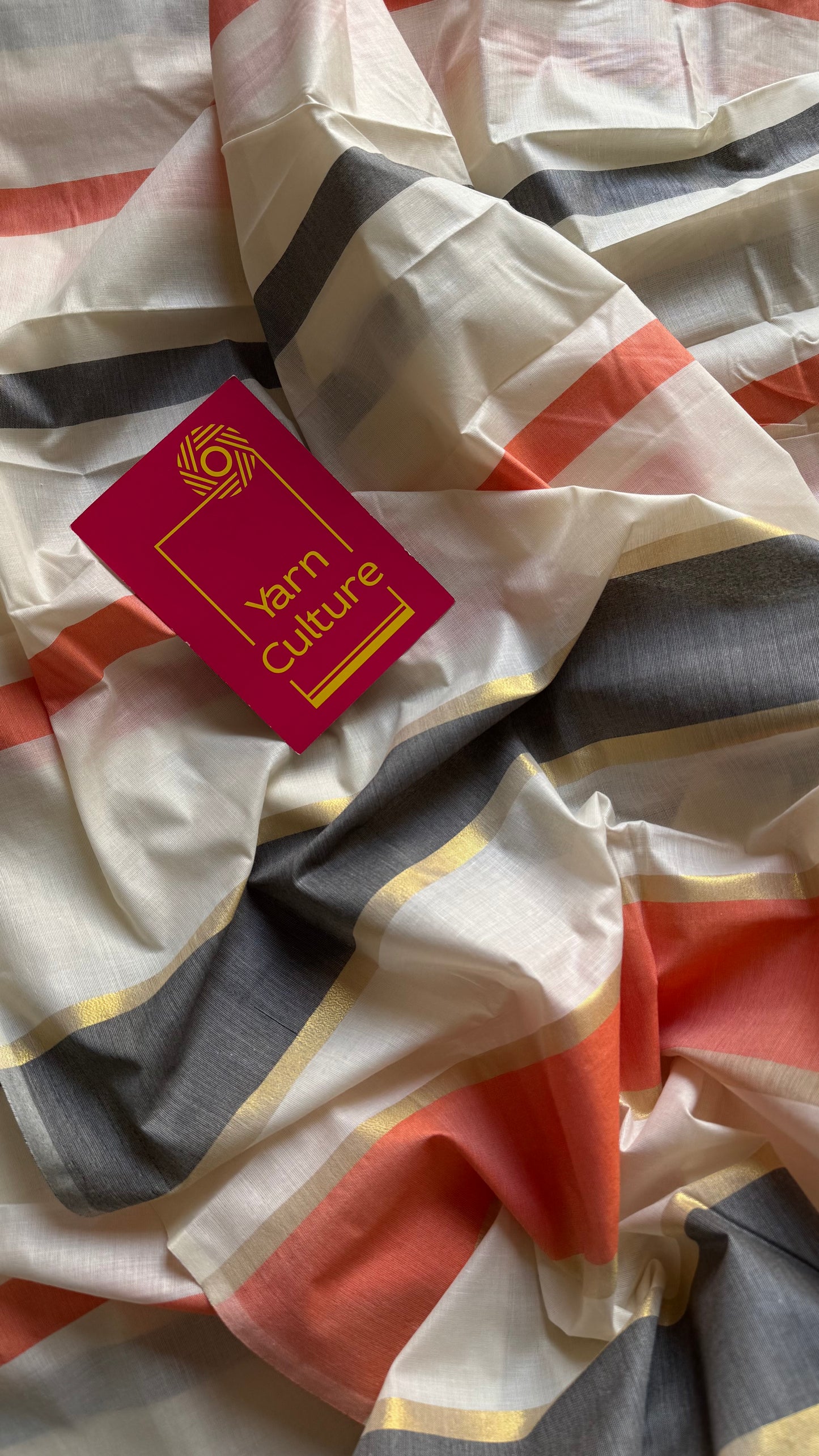 Ivory Kerala cotton saree with peach and dark grey stripes - YCIEKCFE305