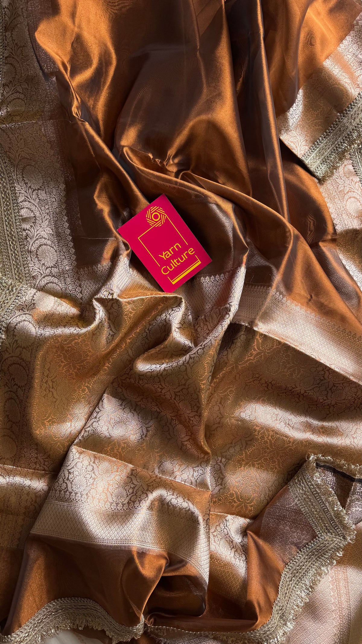 Brown tissue Banarasi saree with embellished gold lace border - YCBLTOC80