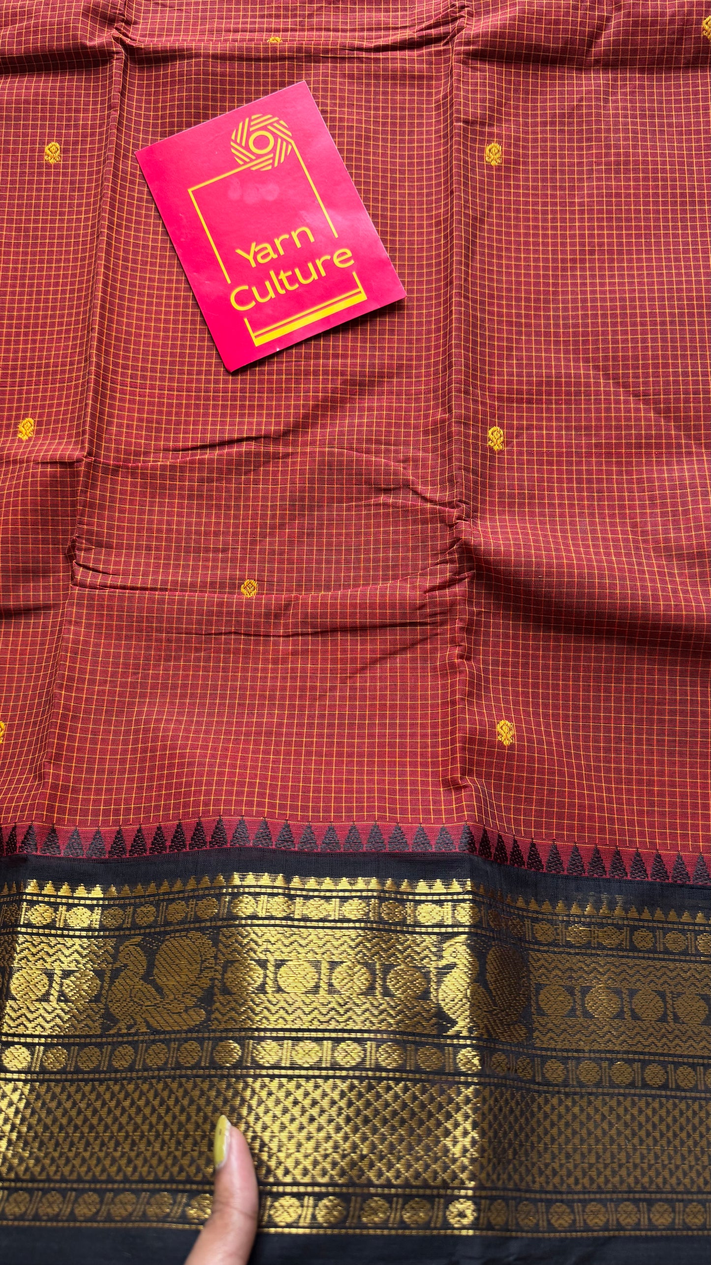 Brick red with black contrast, checkered kanchi cotton saree - YCCOTNJU20