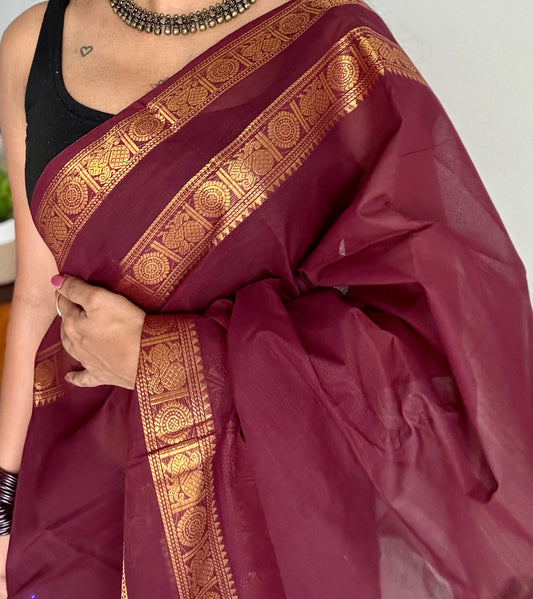 Kanchi cotton saree, dark maroon with rettaipet double zari border - YCCOTNAP90