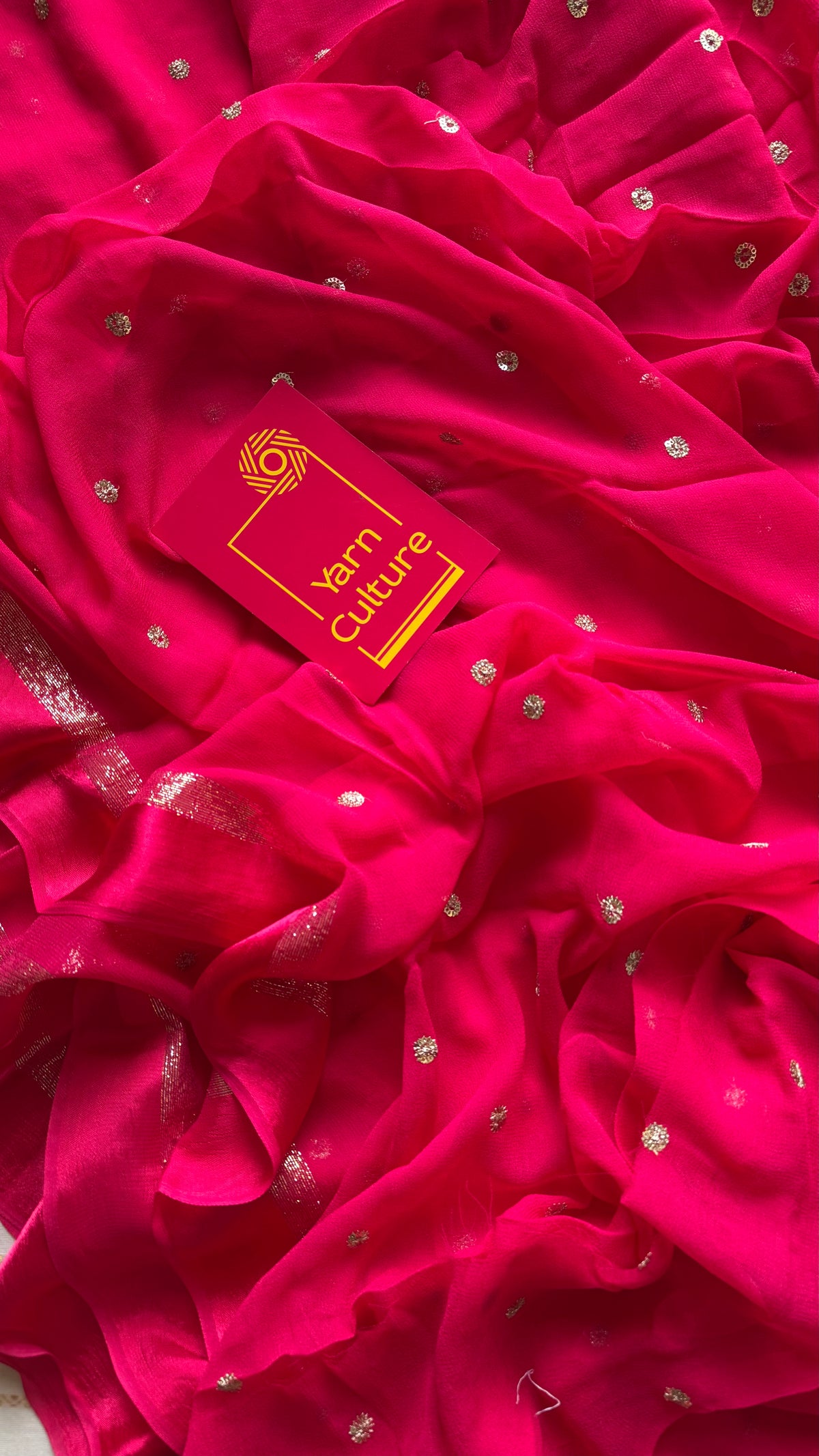 Rani pink viscose georgette saree, gold buttas, satin border - YCDOSOC46