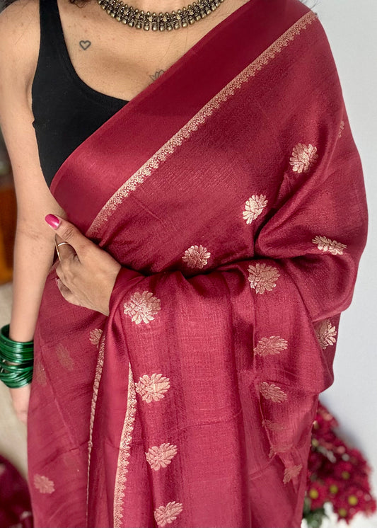 Deep maroon in khadi silk, zari motifs - YCDOSFE22