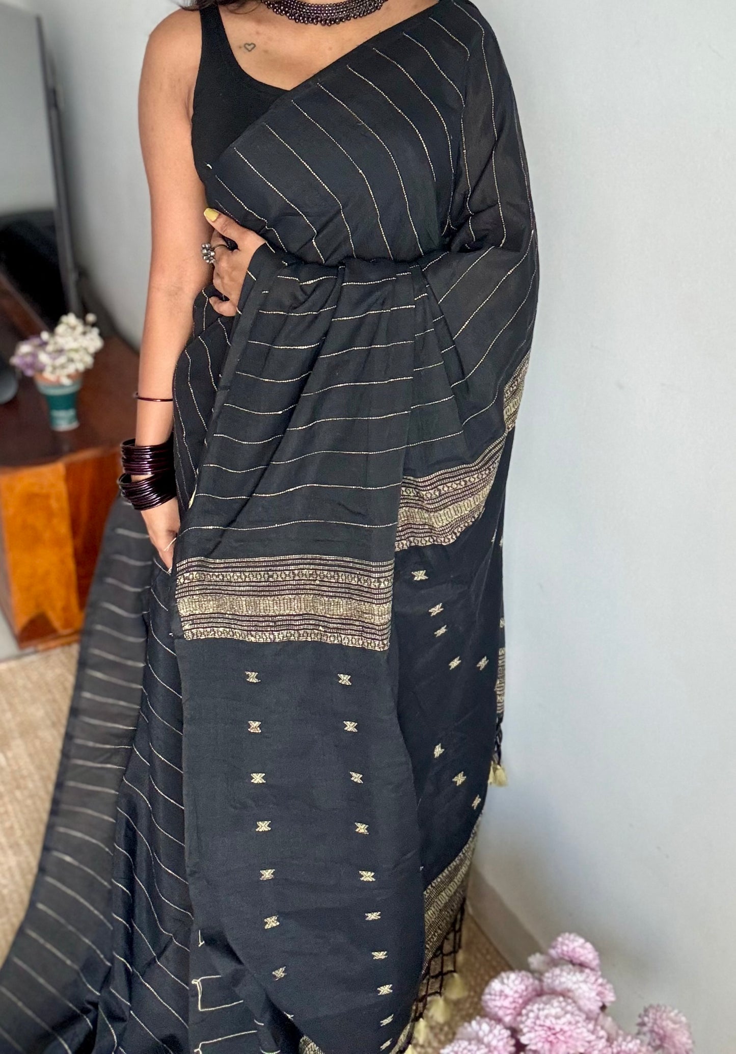 Black, bhujodi patterned soft khadi cotton saree - YCBCKCDE22