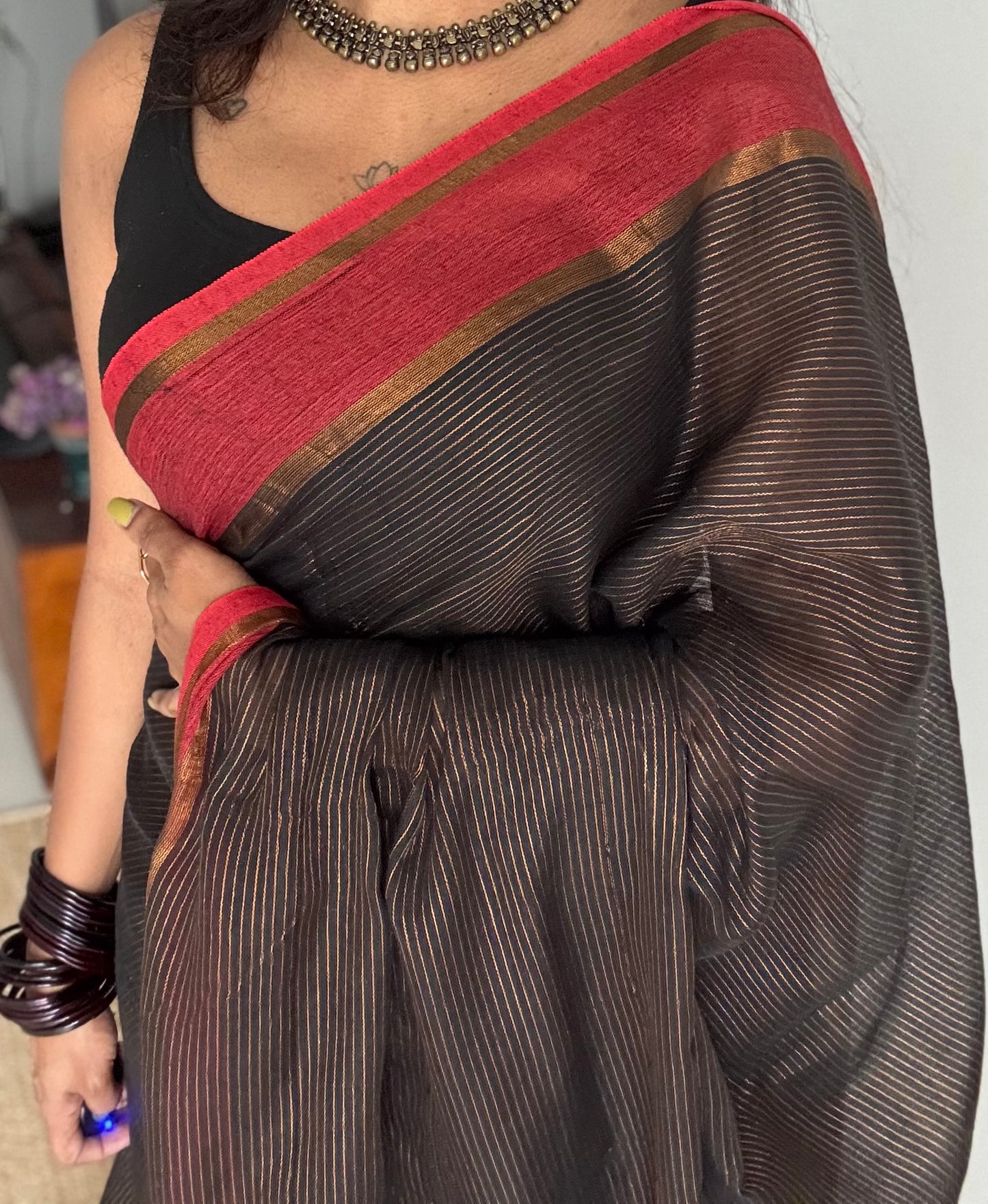 Black with red gap border, gold zari stripes, soft cotton - YCBCKCZDE133