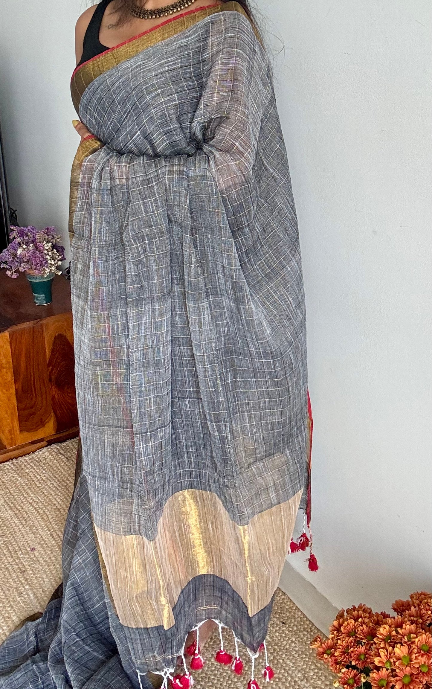 Grey linen by cotton saree, gold checks & gold zari pallu - YCBCLCFE388