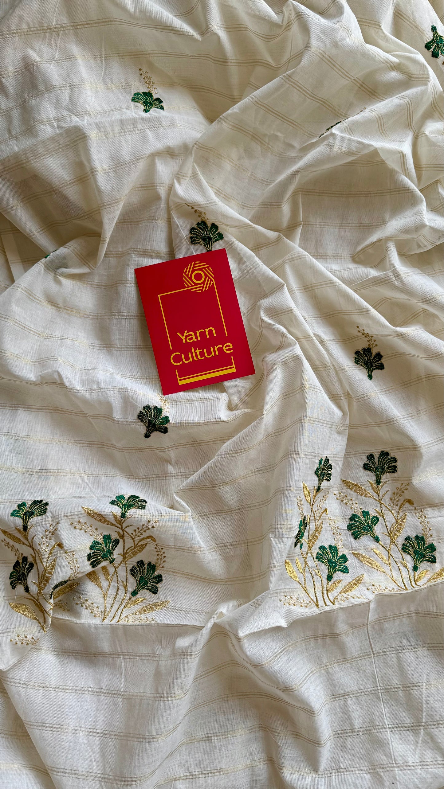 Ivory and gold soft cotton saree, dark green floral embroidery  - YCIEON51