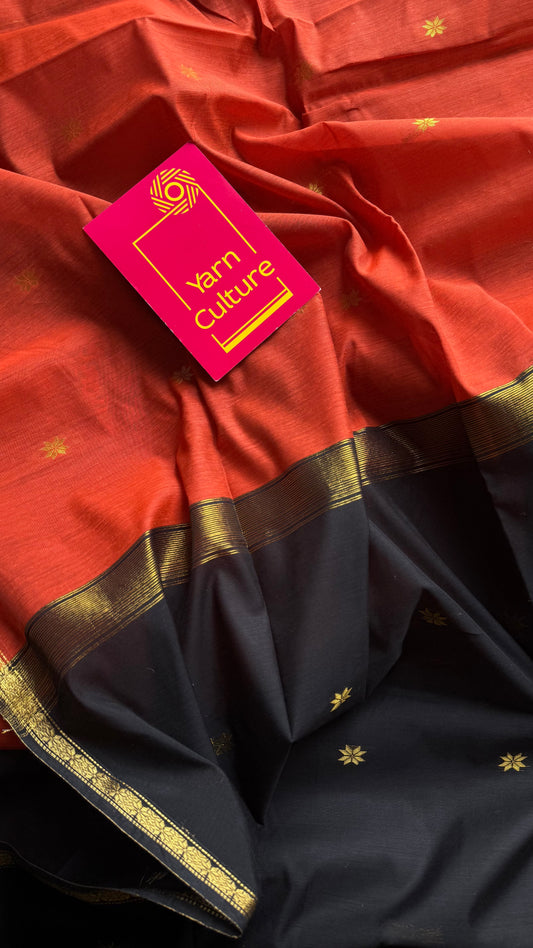 Orange with black, gold buttas, semi maheshwari cotton silk - YCCOTNFEJUSM01