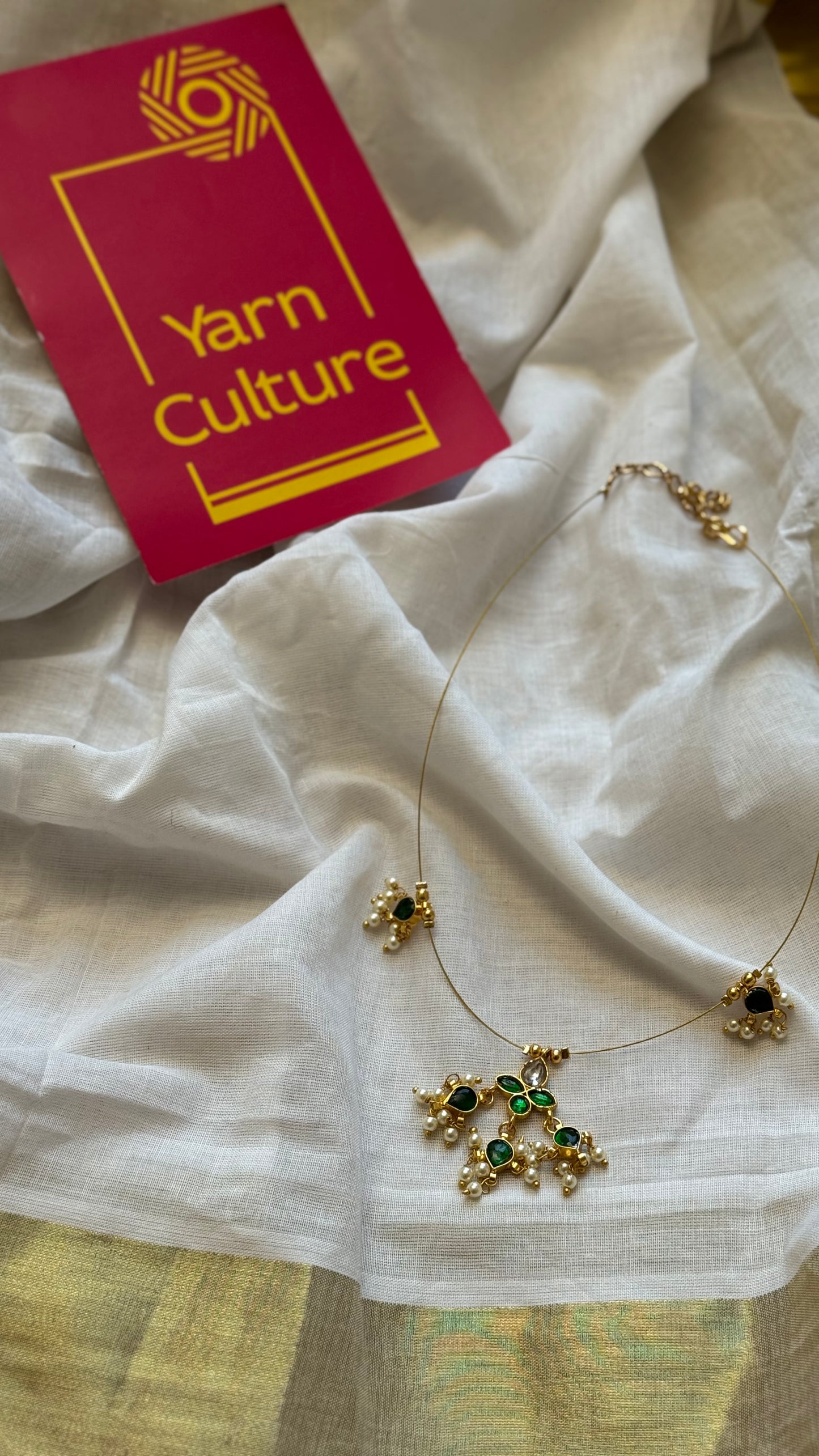 Invisible neckchain with jadau kundan stones & pearl hangings - green, white - YCGPNP694