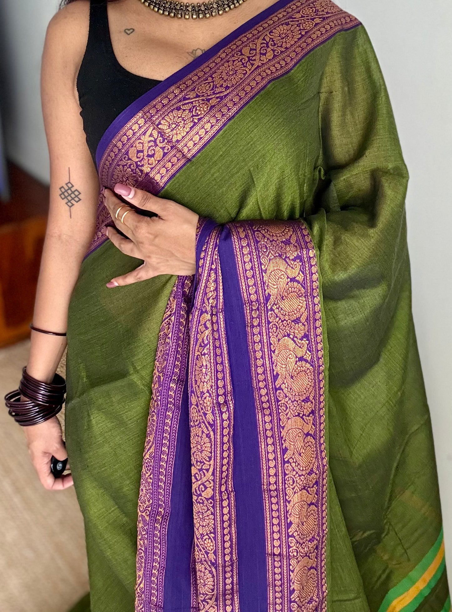 Green with purple wide border, narayanpet soft cotton saree - YCWOTDAUG03