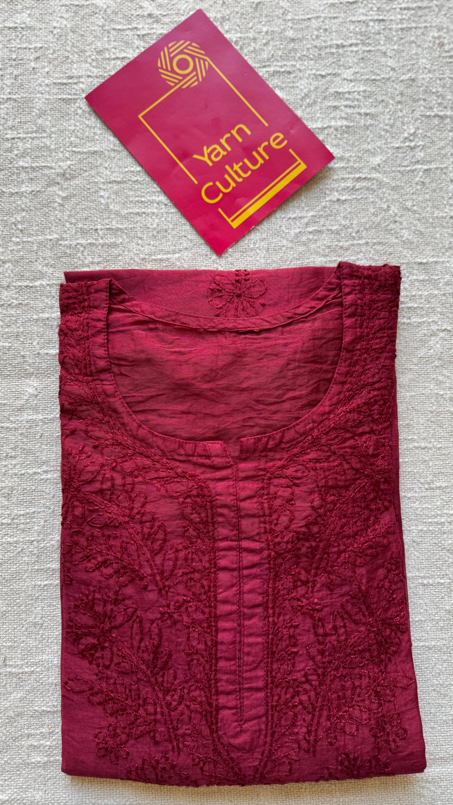 Deep carmine muslin chanderi chikankari with bakhiya work, stitched kurta, round neck, three fourth sleeves - YCSECK21
