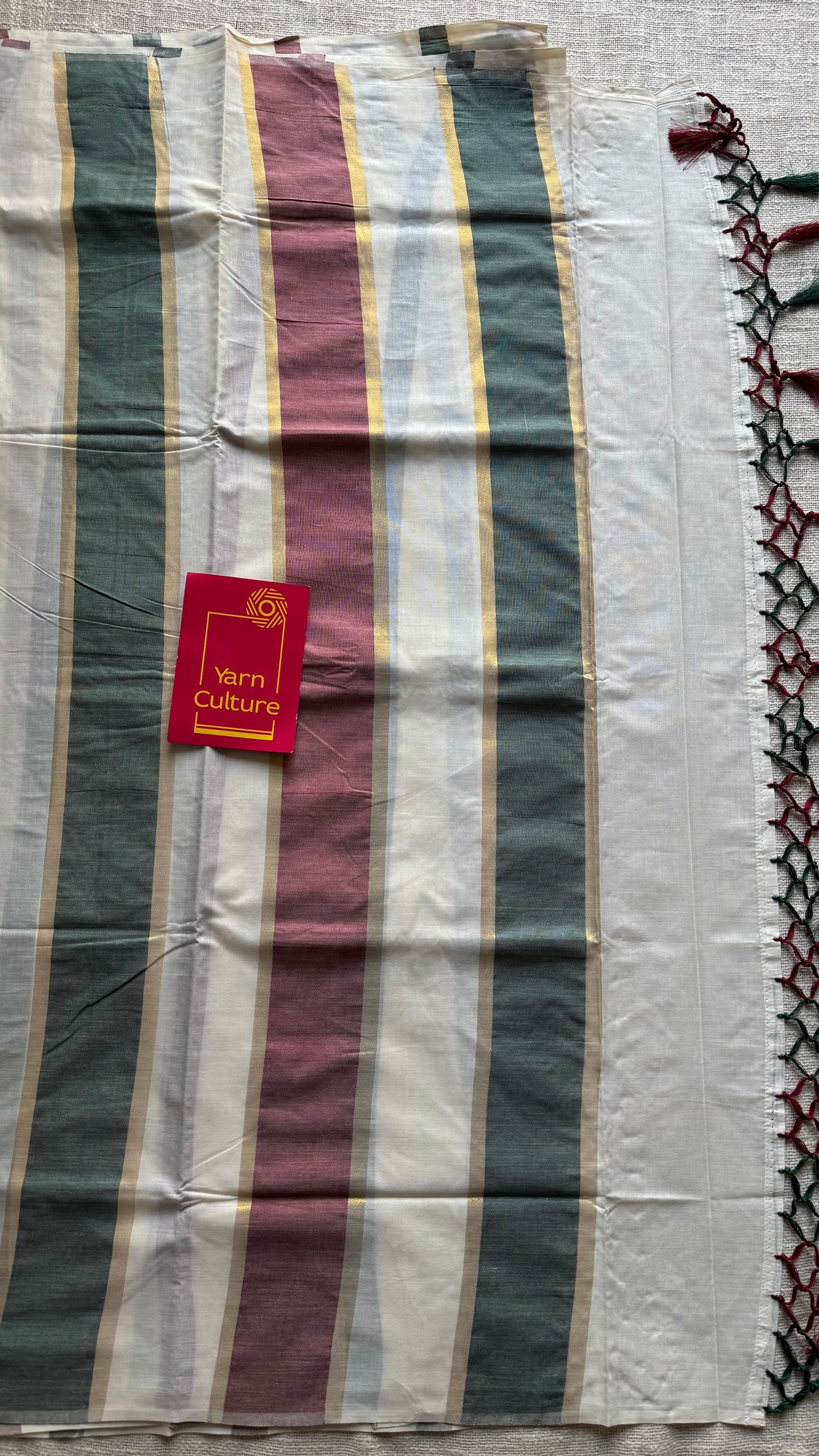 Ivory Kerala cotton saree with maroon and green stripes - YCIEKCFE307