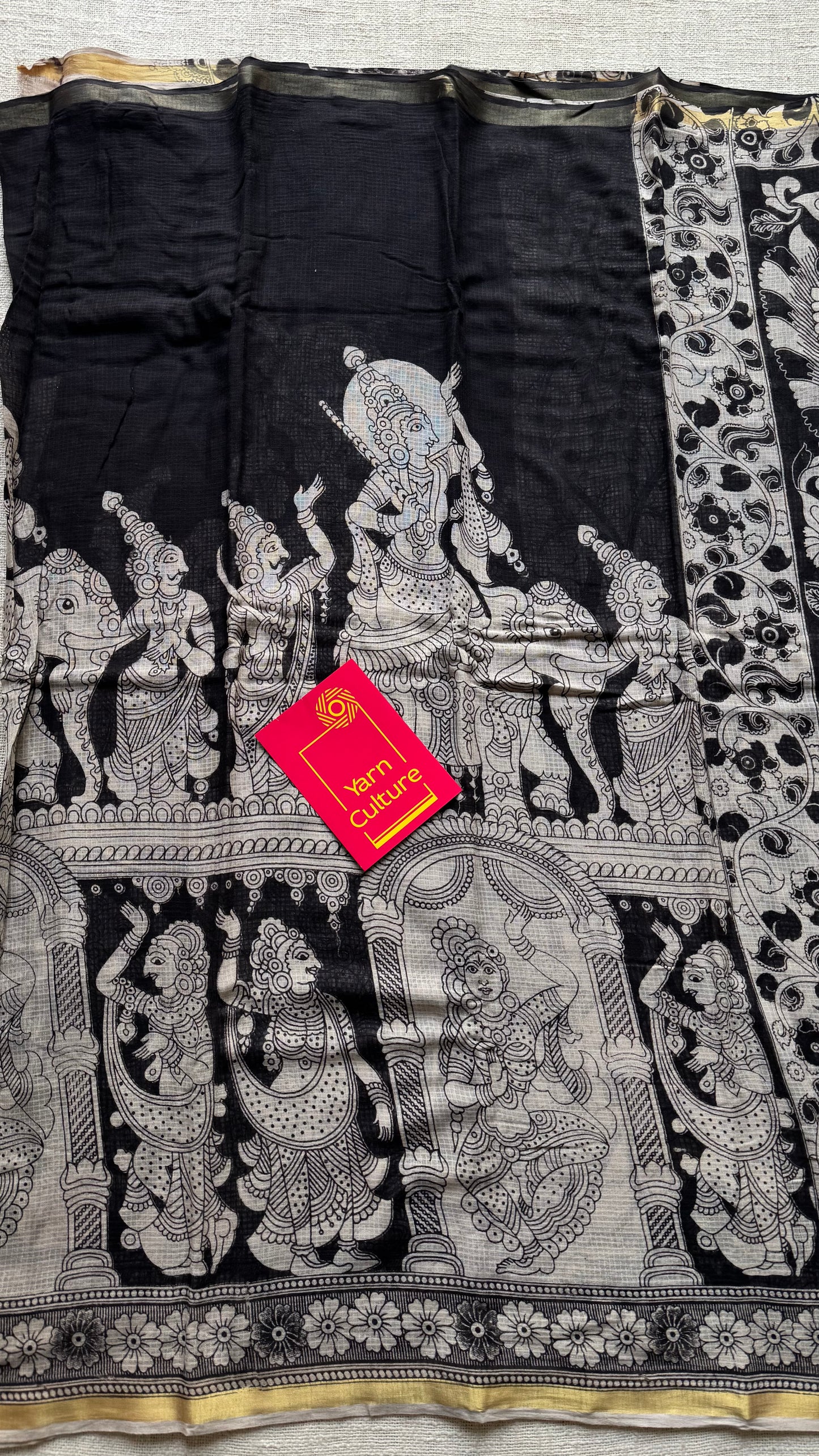 Black cream kalamkari saree in kota, with zari border - YCWOTDKKFE15