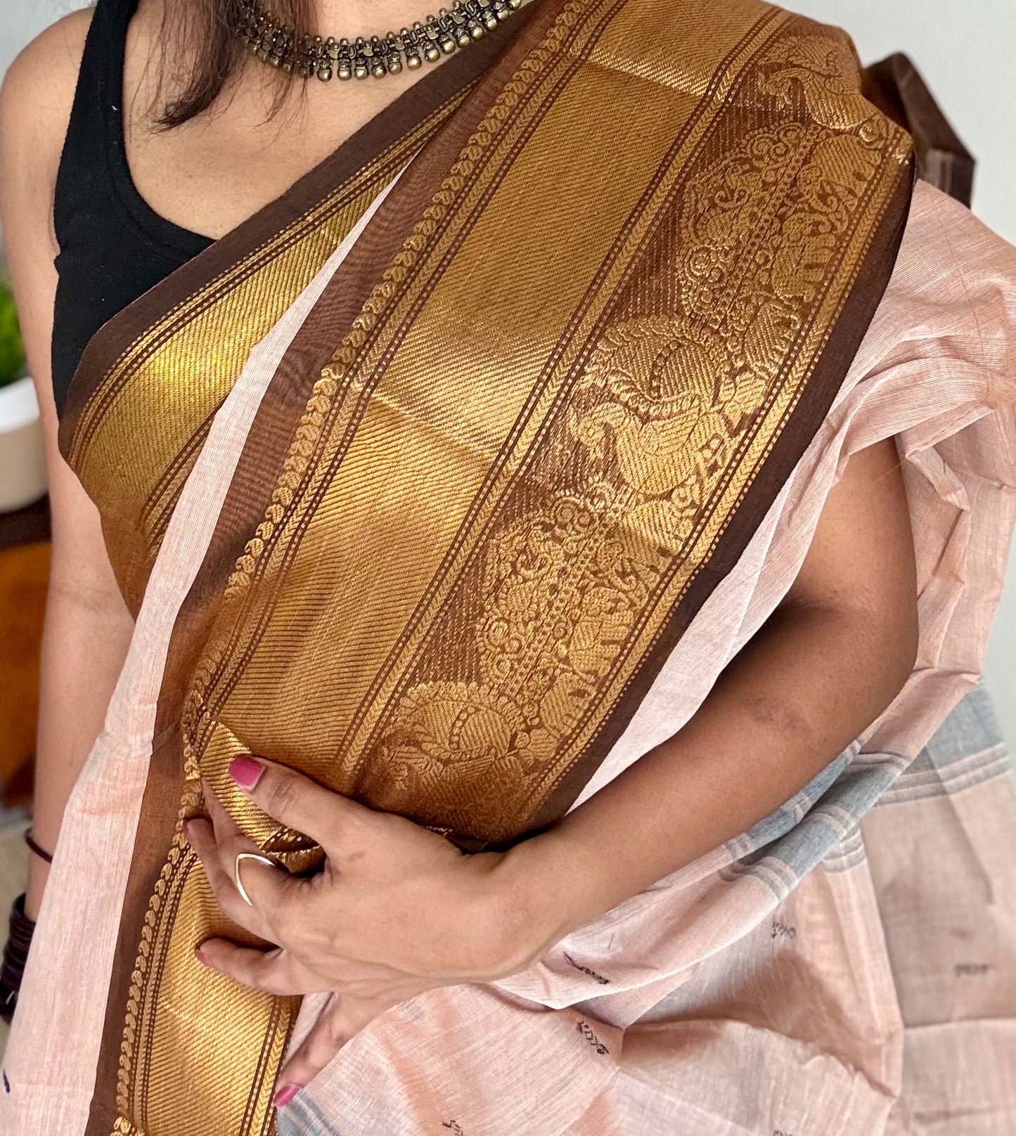 Kanchi cotton saree,dark beige with brown gold zari border - YCCOTNAP82