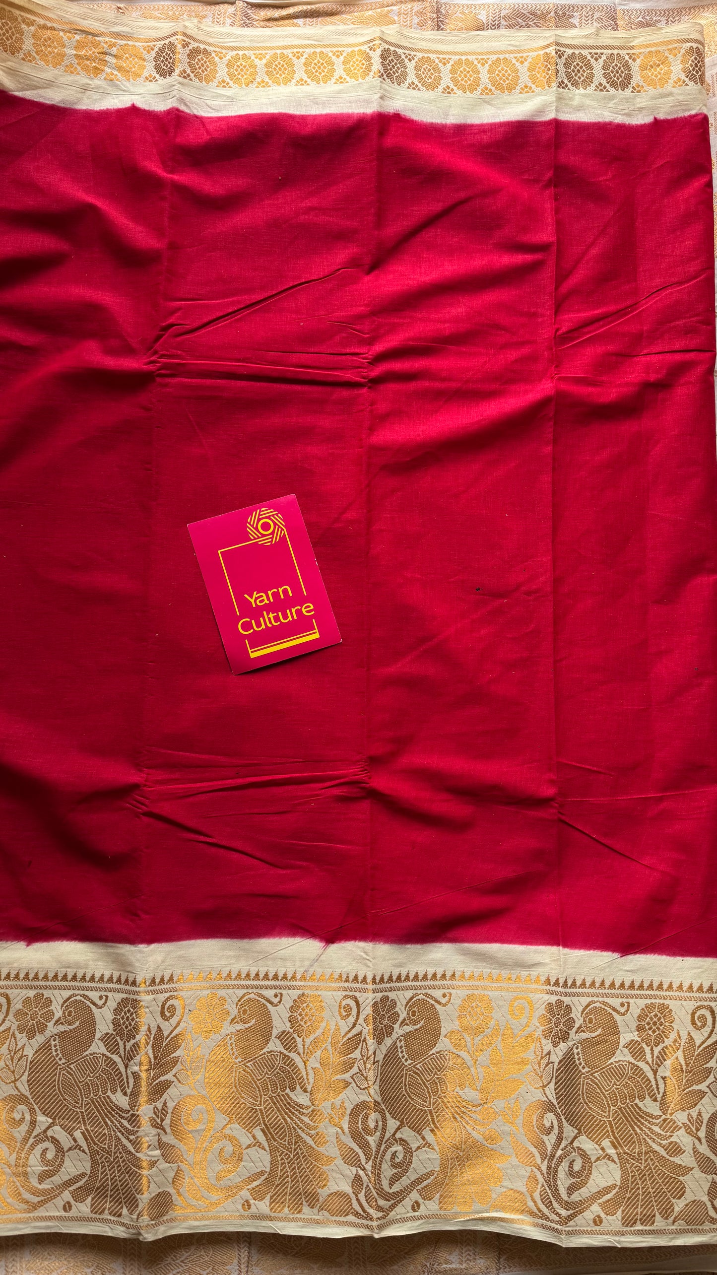 Red long border sungudi saree with cream contrast, kattuchayam dyed madurai cotton - YCCOTNMA251