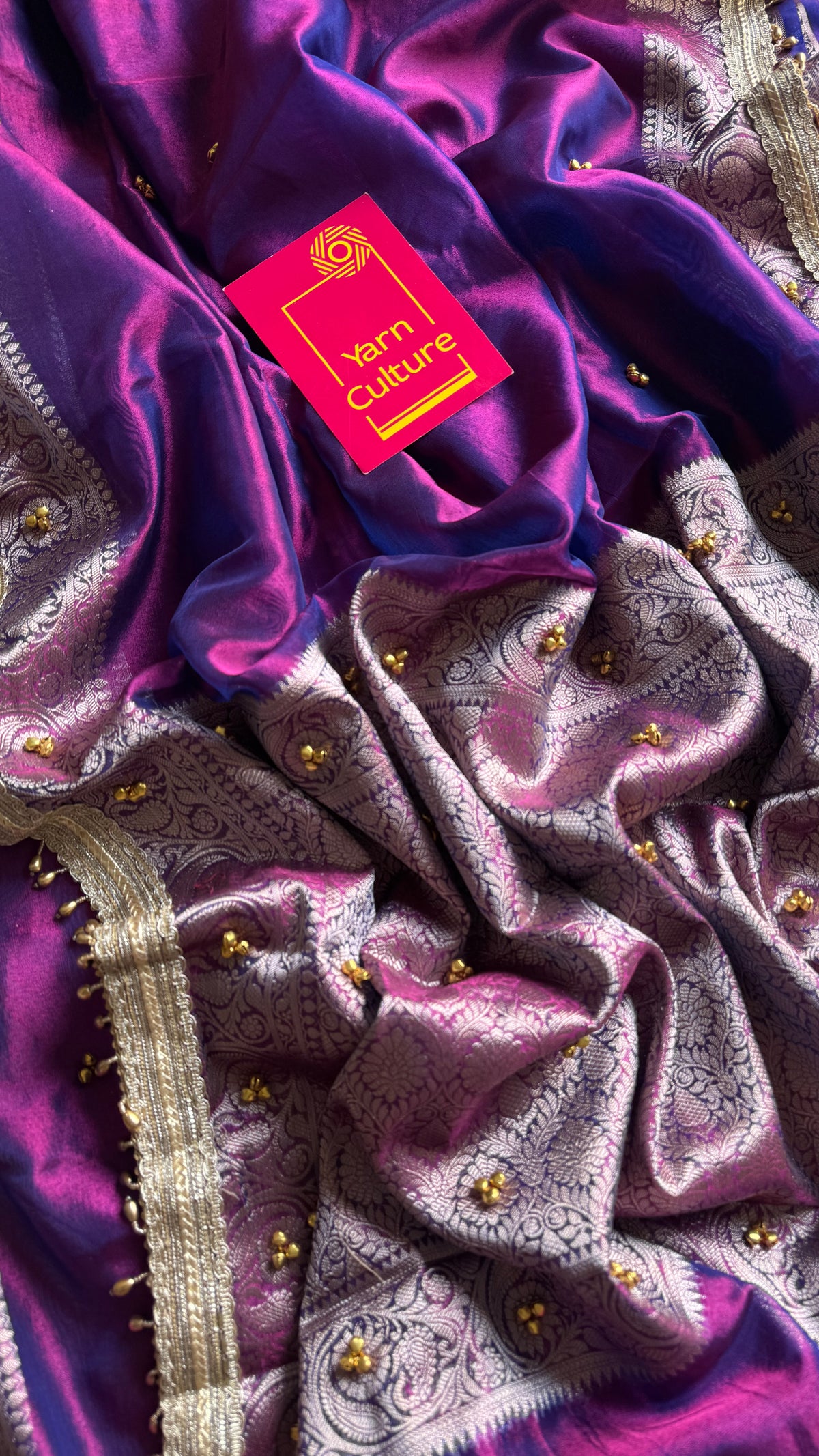 Purple gold tissue Banarasi saree with ghungroo embellishments and beaded lace border - YCBLTOC67