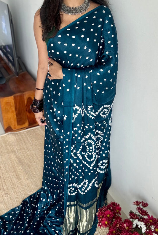 Peacock blue, crushed bandhani modal silk with lagdi patta (zari pallu) - YCDESE26