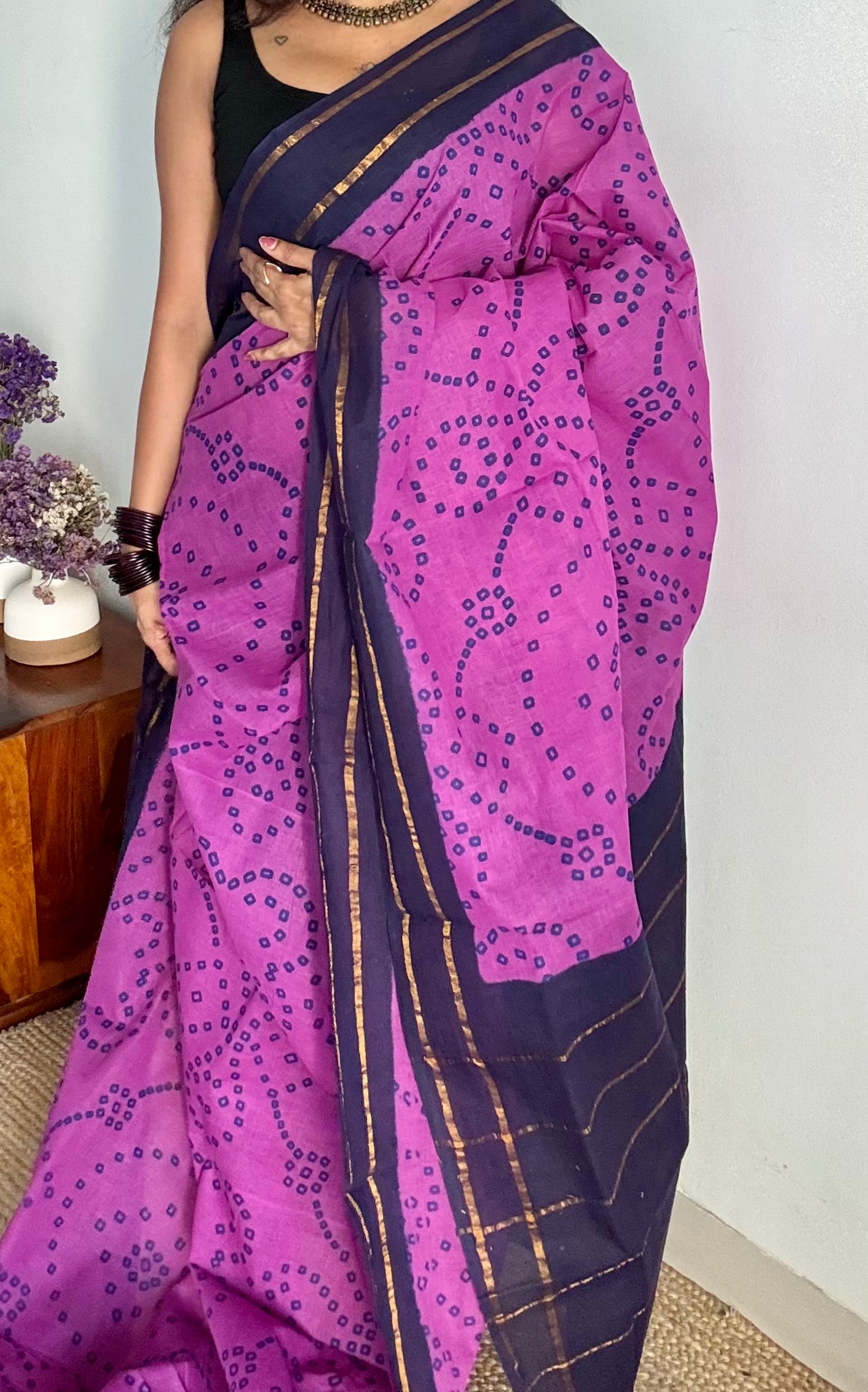 Purple with dark blue contrast, kattuchayam dyed madurai cotton saree - YCCOTNMA237